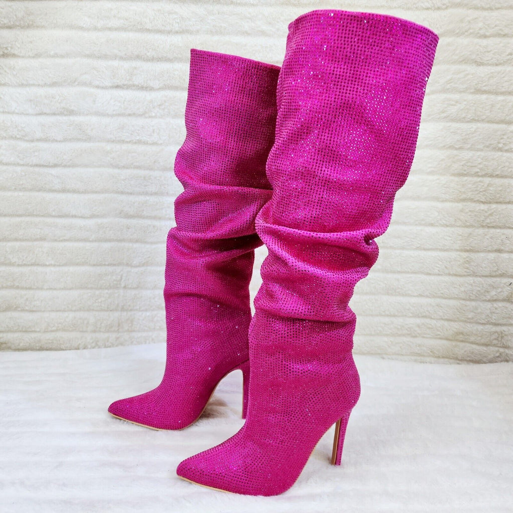 Radiant Fuchsia Pink Rhinestone High Heel Slouch Knee High Boots - Totally Wicked Footwear