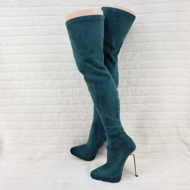 Sexy Girlz Faux Stretch Teal Suede High Heel Pointy Toe Platform Thigh Boots - Totally Wicked Footwear
