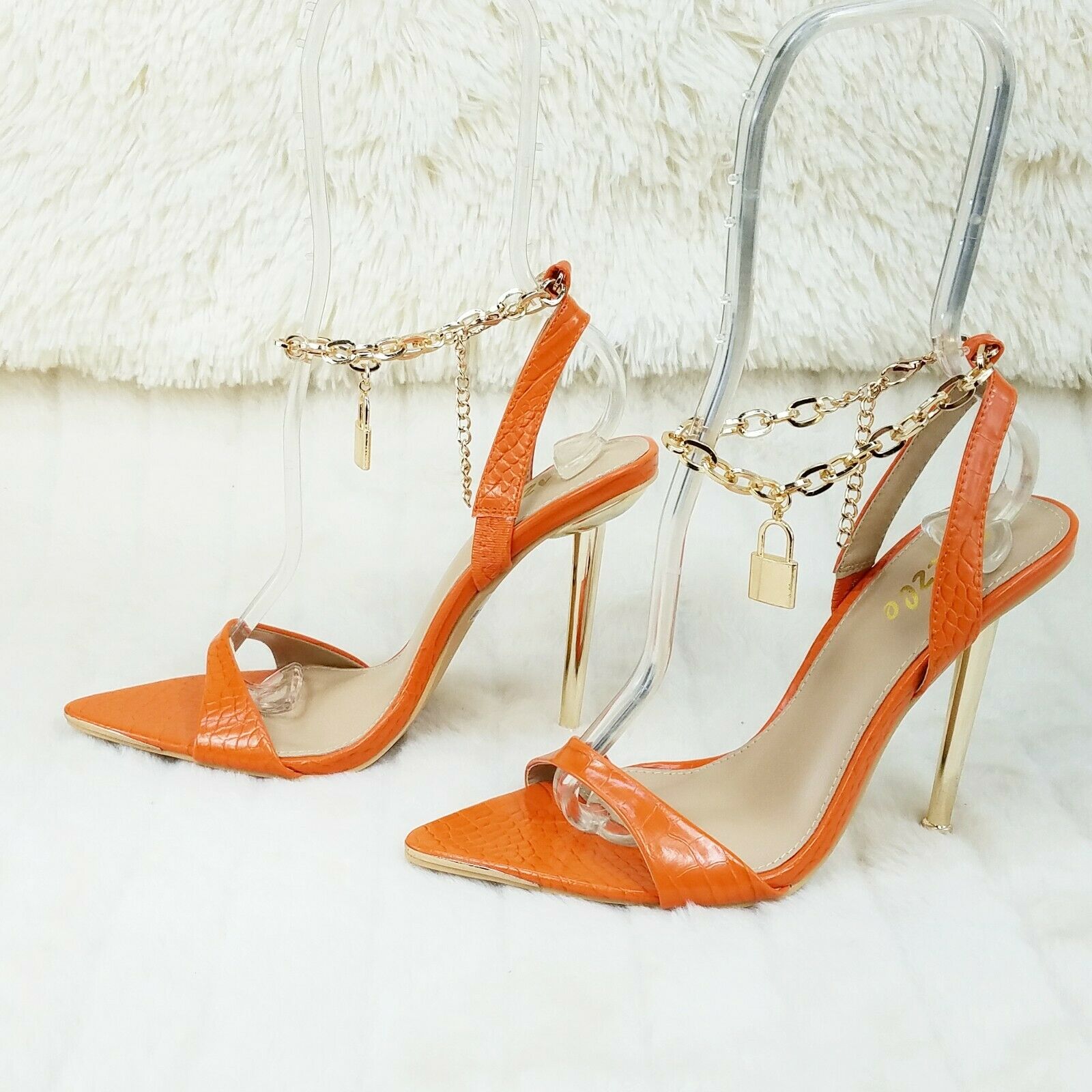 Nicely Pad Lock Chain Strap High Heels Metal Toe Tip Shoes Orange - Totally Wicked Footwear