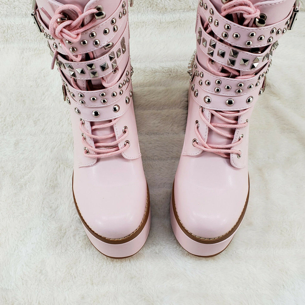 Ocho Baby Pink Ice Multipile Stud Strap Platform Chunky Block Heel Ankle Boots - Totally Wicked Footwear