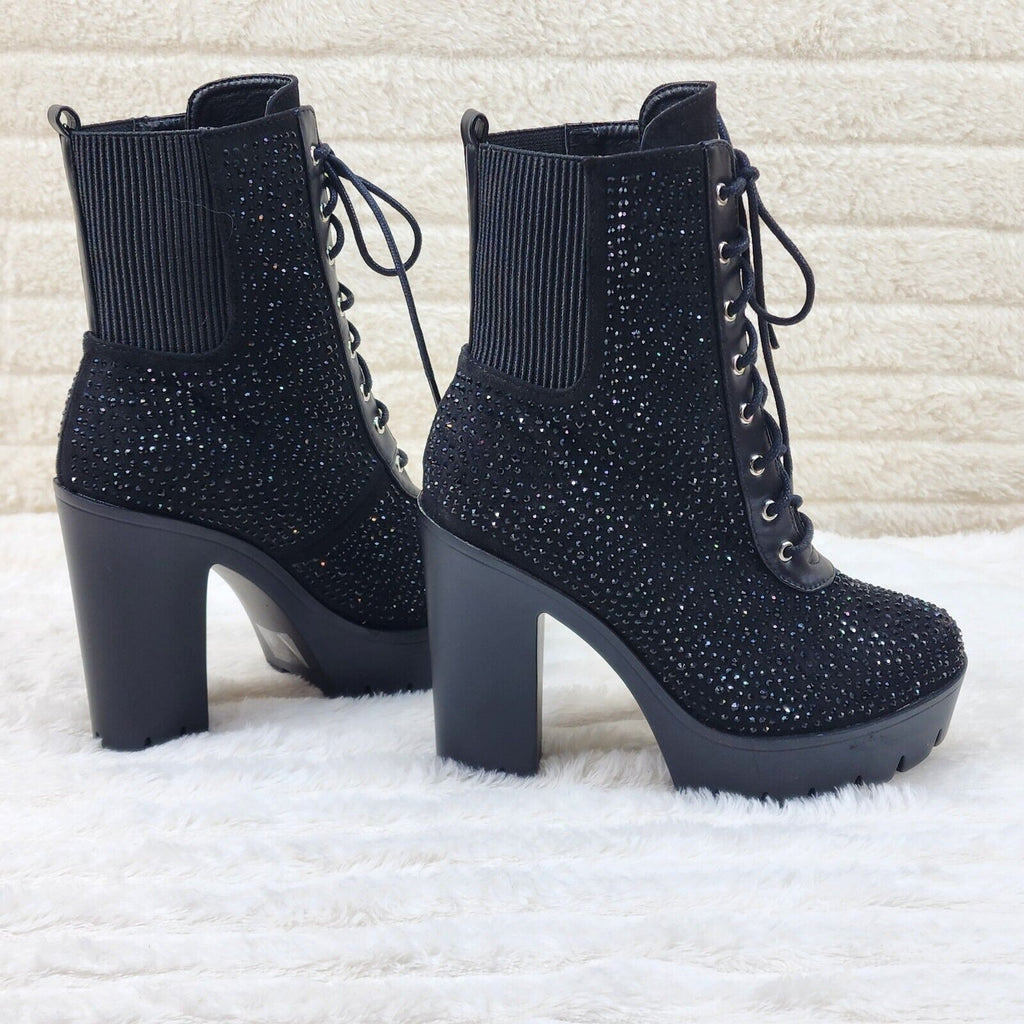 Barri Black Rhinestone Chunky Heel Platform Ankle Boots - Totally Wicked Footwear