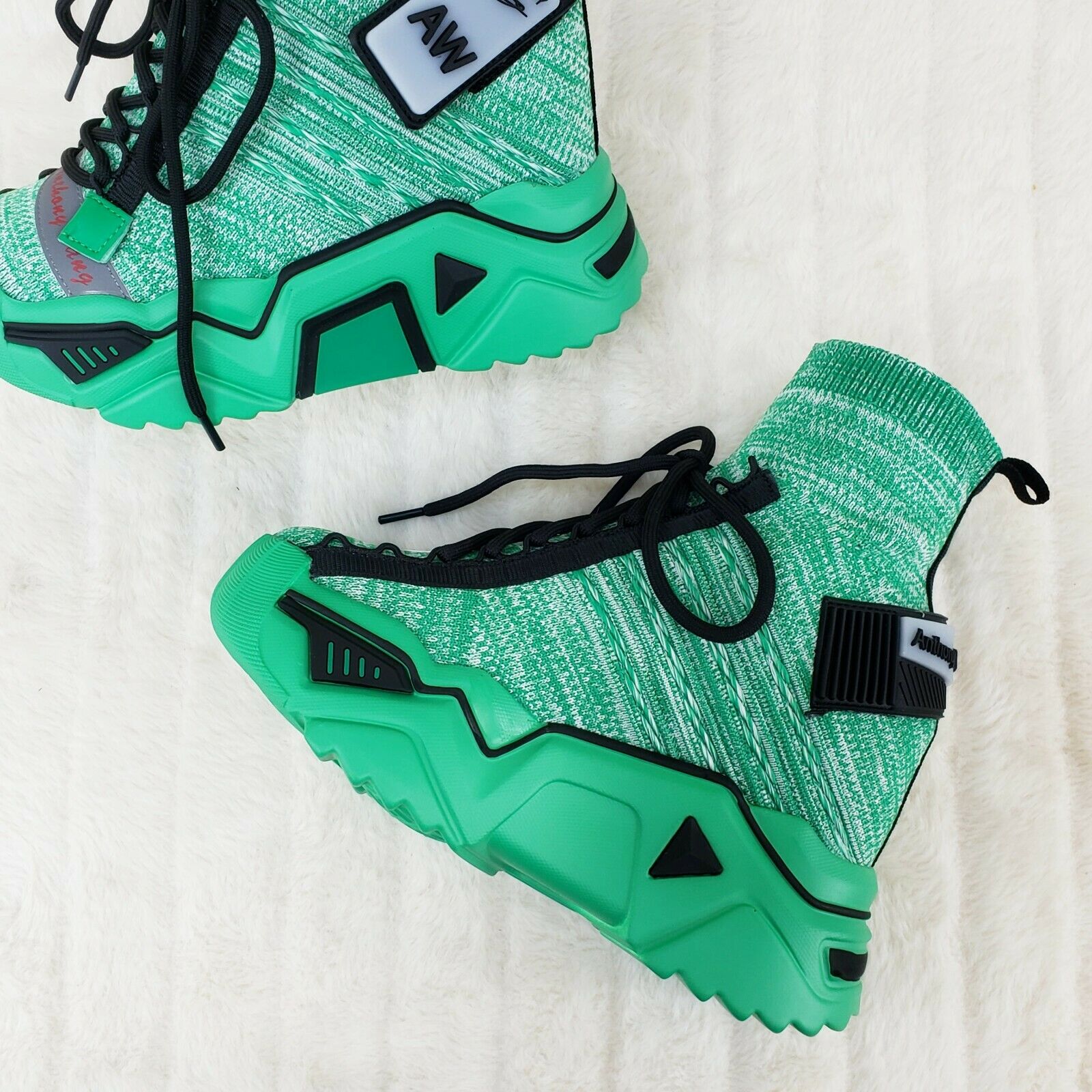 Wang Damson Pull On Knit Platform Sneaker Boots 4" Hidden Wedge Green Knit - Totally Wicked Footwear