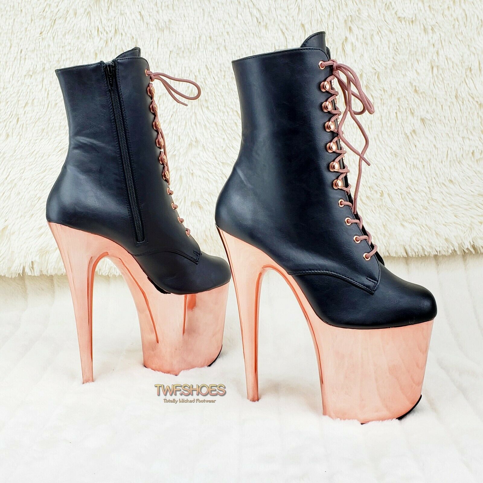 Flamingo 1020 Black Matte Rose Gold Platform 8" Heel Ankle Boots 10 & 12 NY - Totally Wicked Footwear