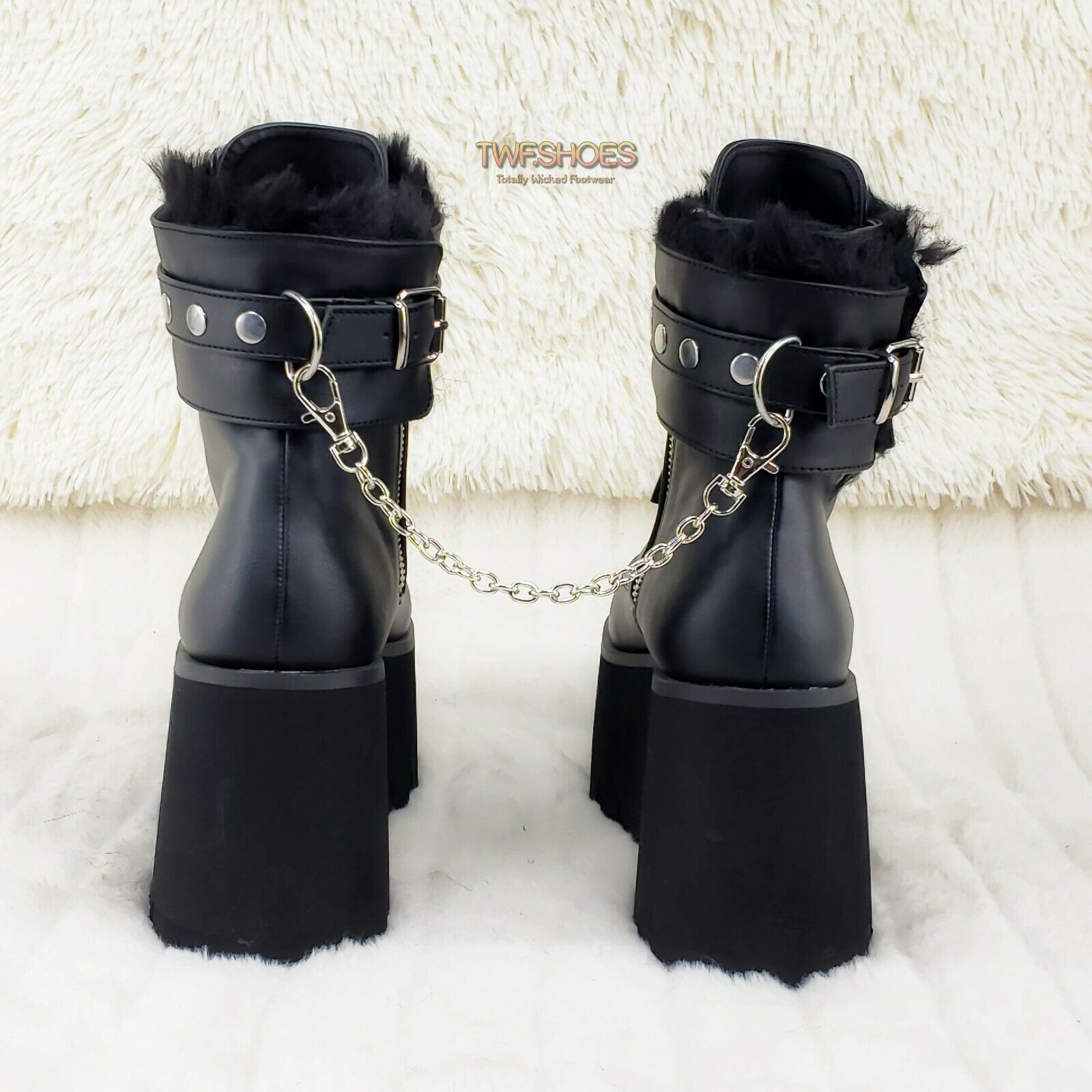 Ashes 57 Black Heart Studs 3.5" Platform Goth Boots Fur Lined Cuffs & Chain NY - Totally Wicked Footwear