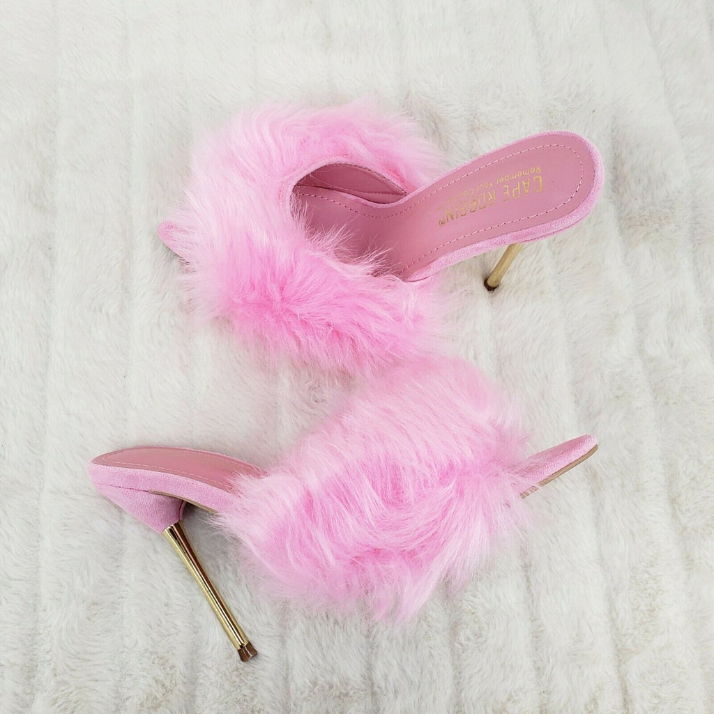 Fuji Furry Pointy Toe Slip On 4.5" Gold Tone Slim Heels Pink - Totally Wicked Footwear