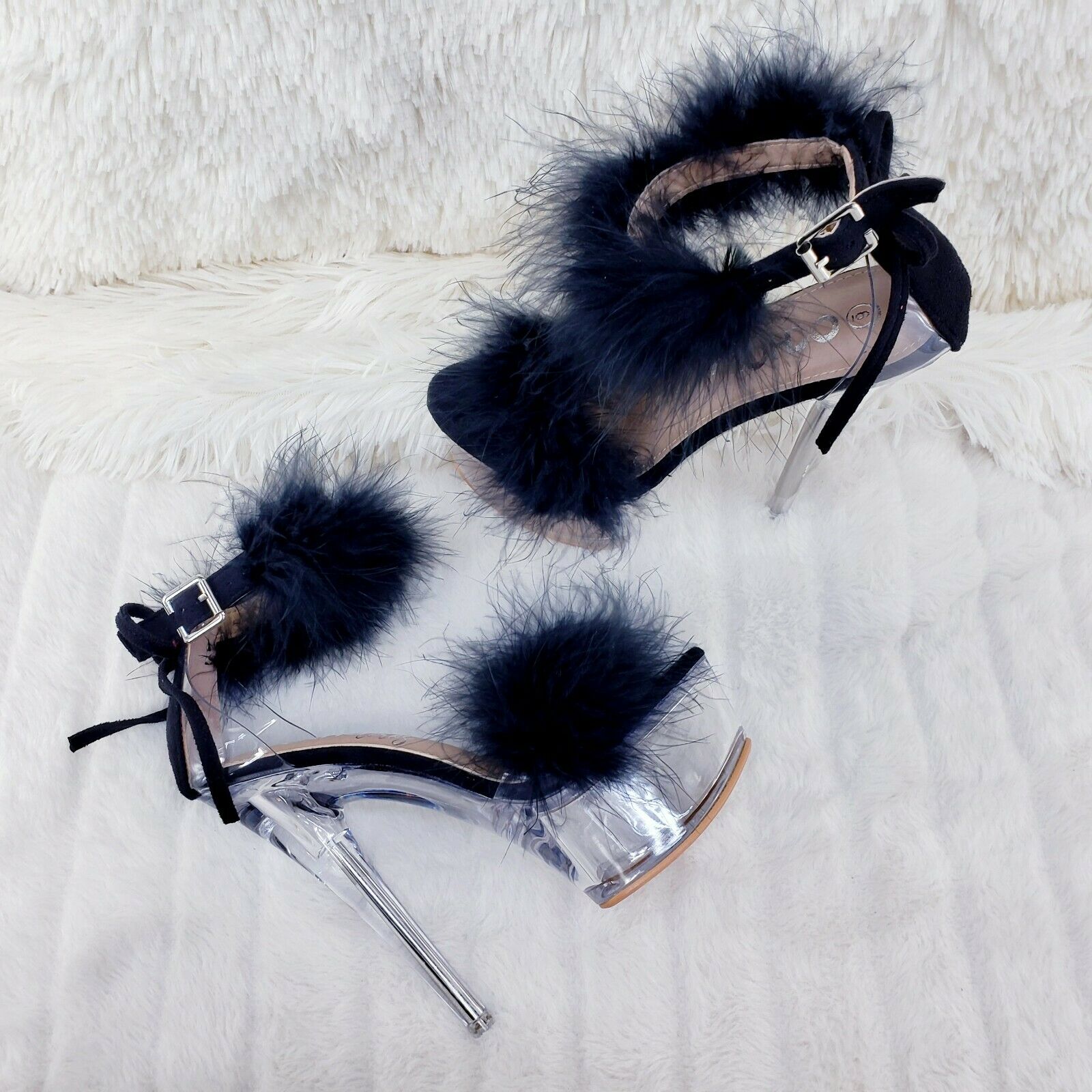 Black Marabou Feather Platform Shoes Sandals 6" High Heel Sandals Shoes - Totally Wicked Footwear