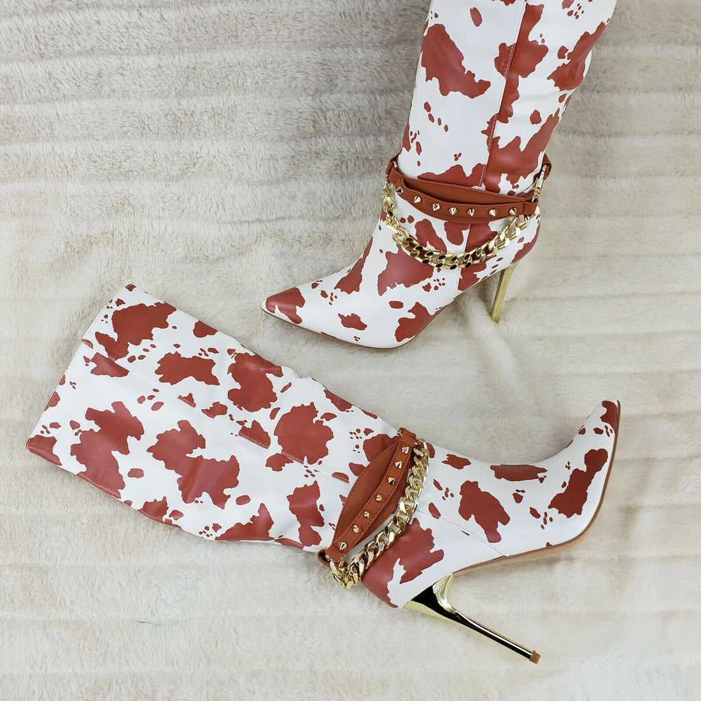 Eva Tan & White Cow Print Leatherette Gold Tone High Heel & Chain Knee Boots - Totally Wicked Footwear