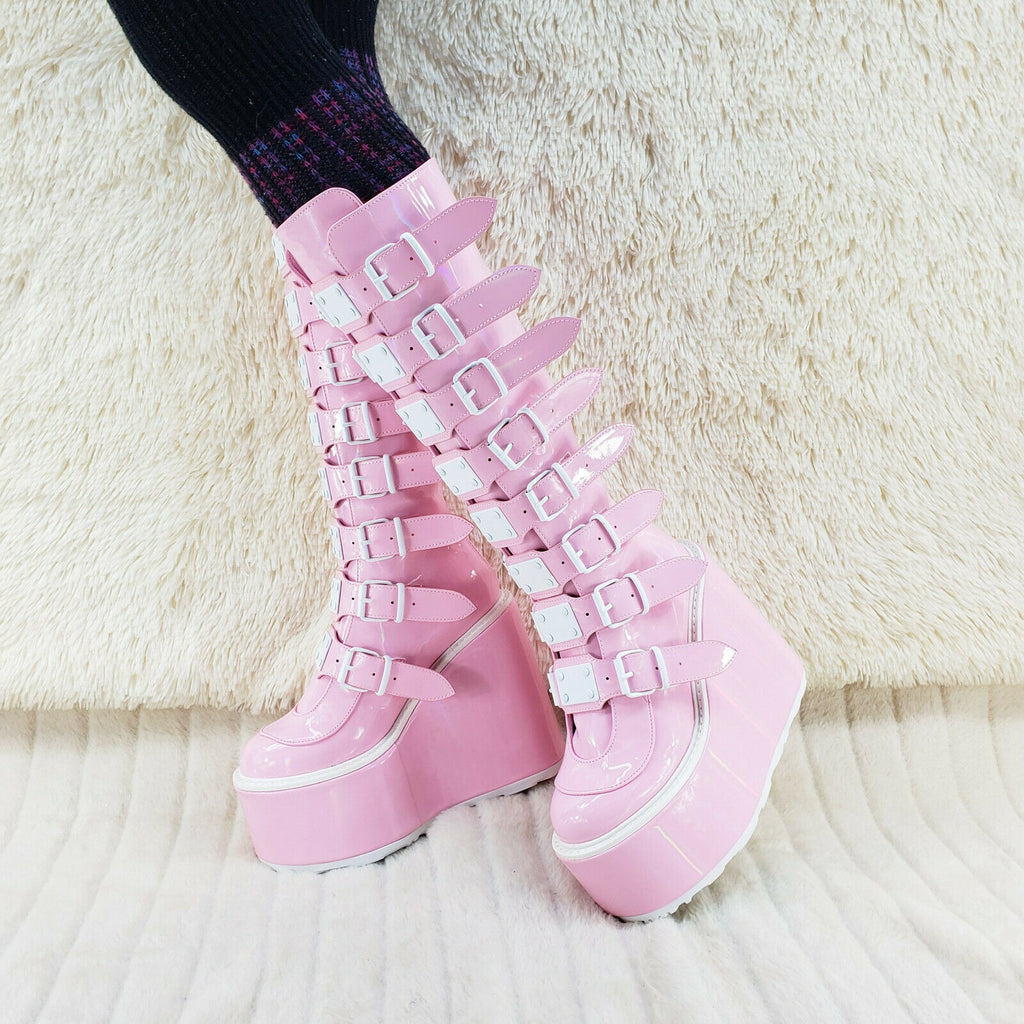 Trinity Swing 815 Pink Hologram Patent Goth Knee Boot 5.5" Platform In House NY - Totally Wicked Footwear