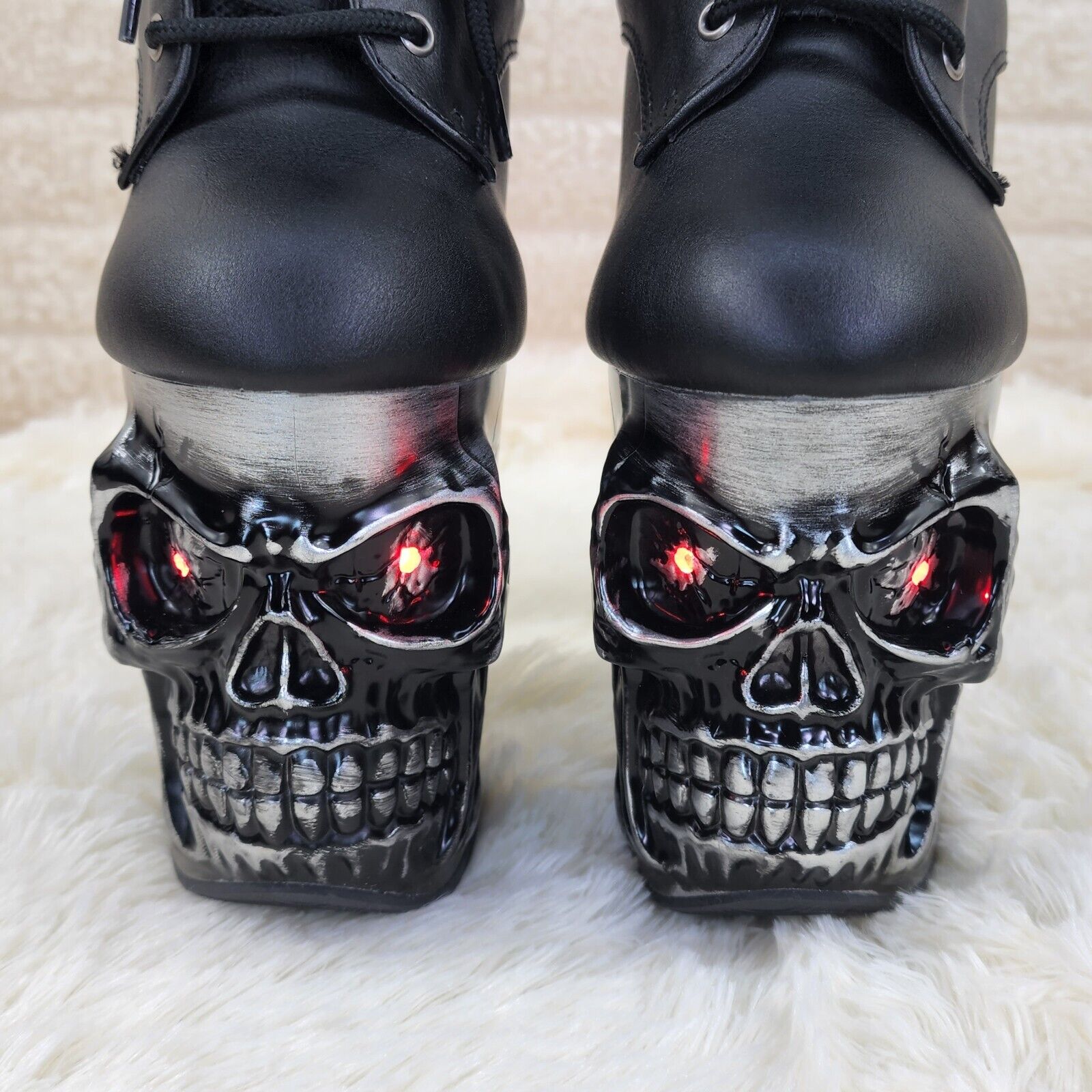 Rapture Brushed Skull & Bones 8" High Heel Platform Ankle Boots Lighted Eyes NY - Totally Wicked Footwear