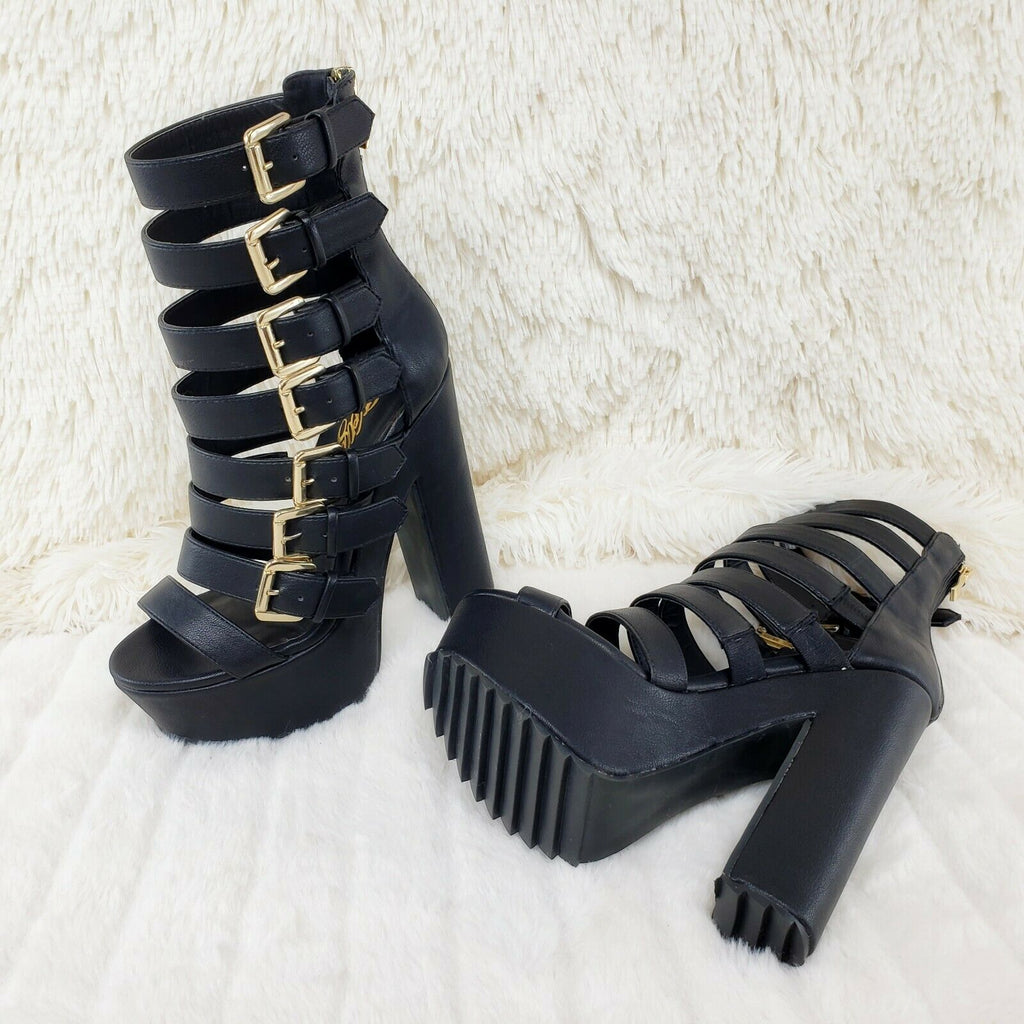 Meek Black Multi Strap 6" High Chunky Heel Platform Goth Grunge Ankle Boot - Totally Wicked Footwear