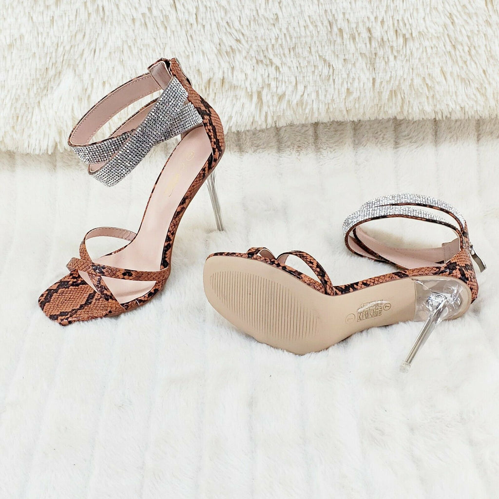 Mata Brown Snake Print Rhinestone Double Ankle Strap Closed Back High Heel Shoes - Totally Wicked Footwear