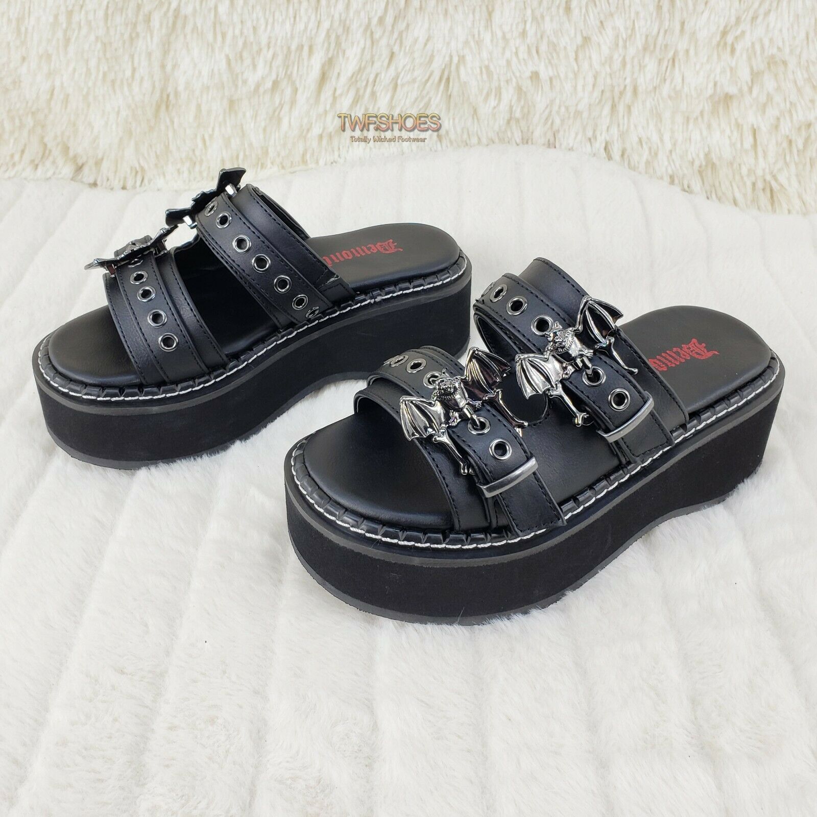 Emily 100 Black 2" Platform Bat Buckle Slip On Sandals Shoes 6-12 NY Restocked - Totally Wicked Footwear