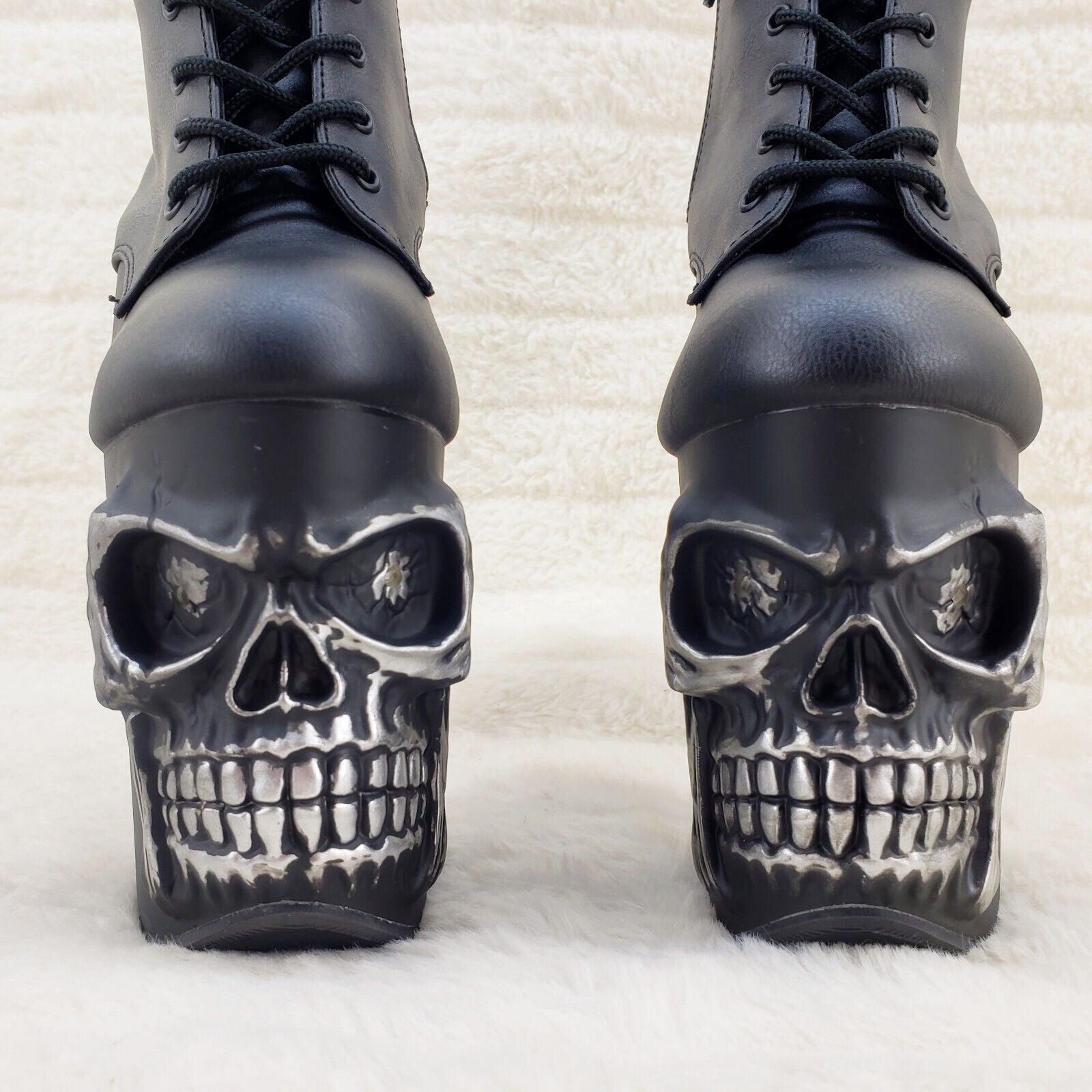 Rapture Black Skull & Bones 8" High Heel Platform Ankle Boots Lighted Eyes NY - Totally Wicked Footwear