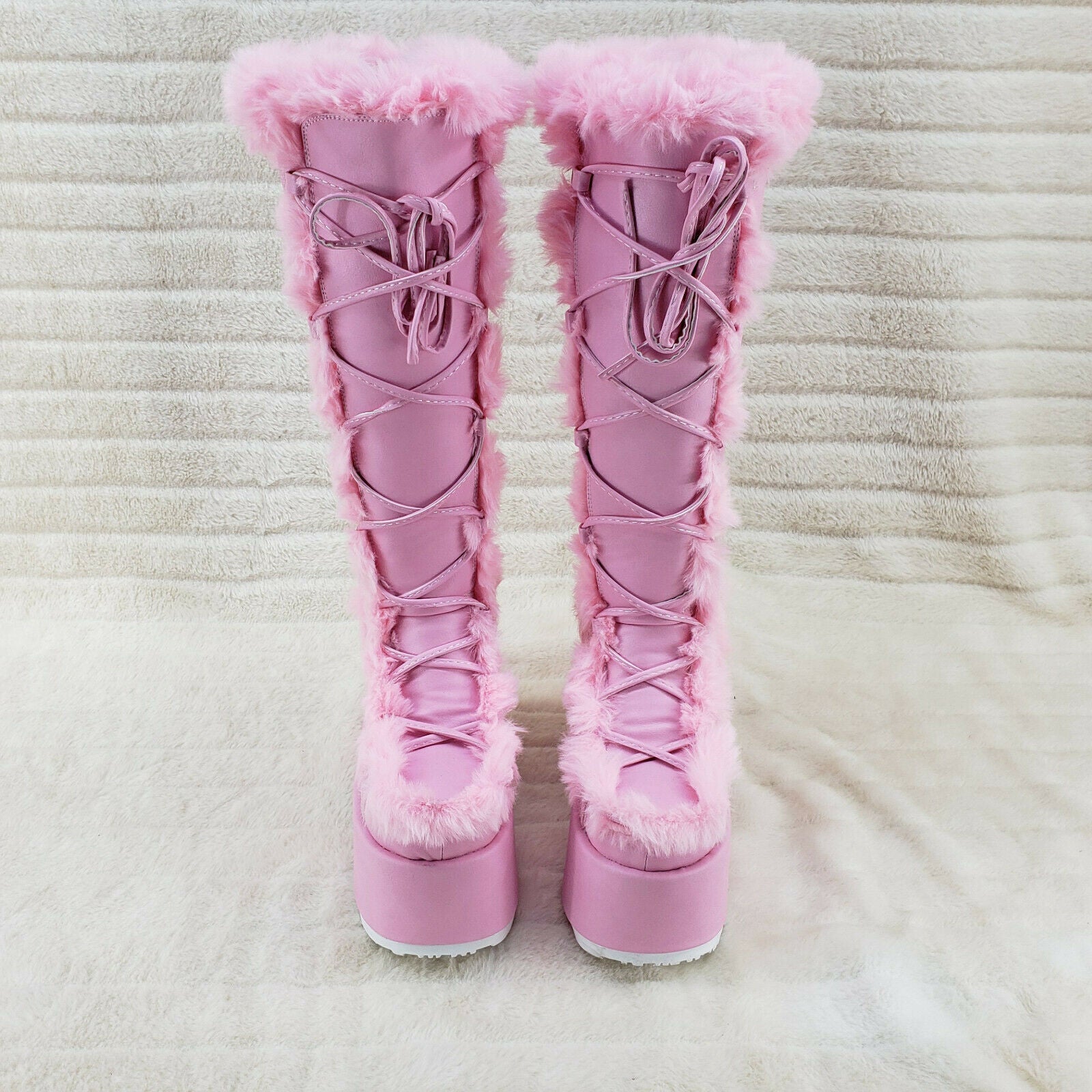 Camel 311 Stacked Baby Pink Stomper Platform Goth Punk Go Go Knee Boots In House - Totally Wicked Footwear