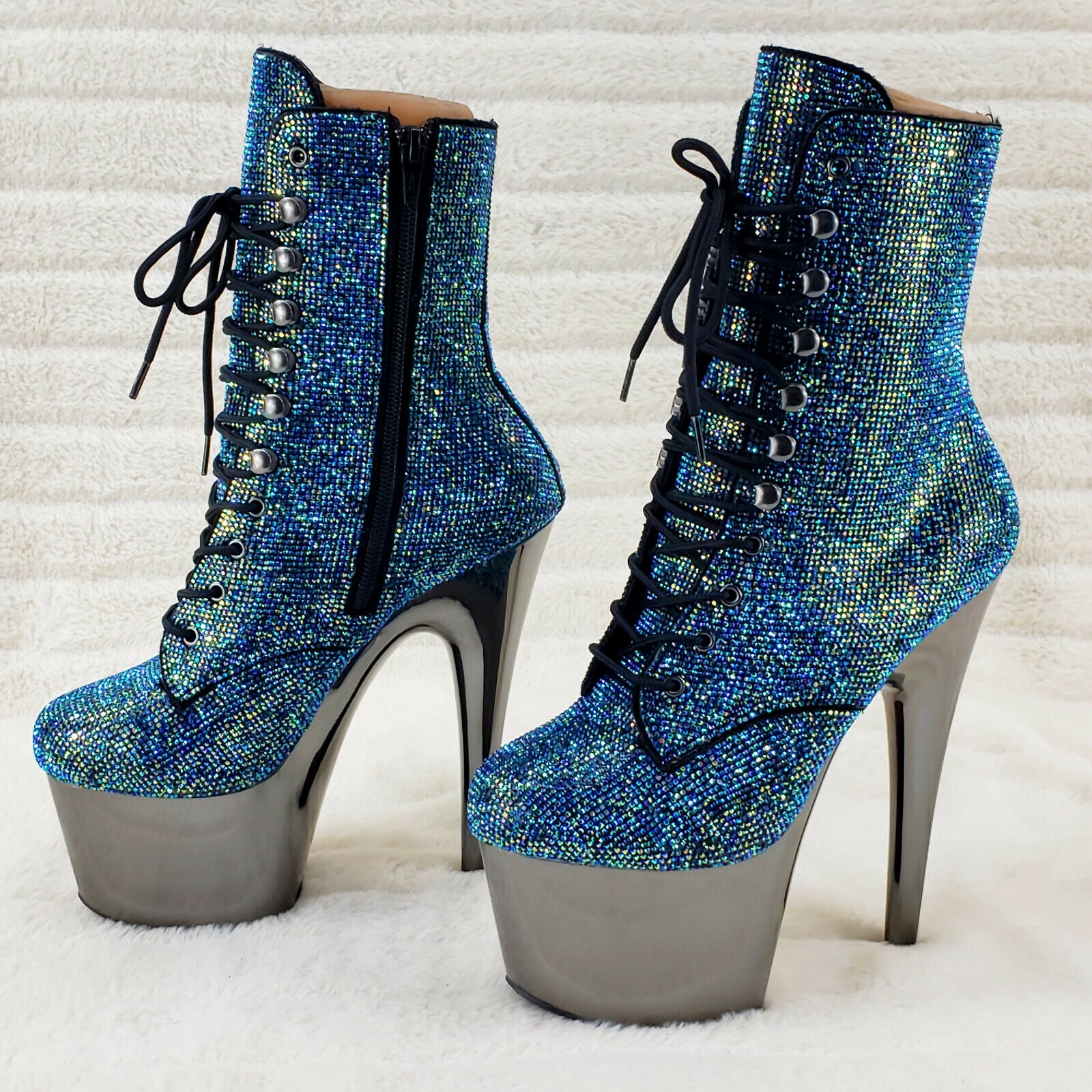 Adore 1020CHRS Teal Pewter Rhinestone 7" High Heel Platform Ankle Boots NY - Totally Wicked Footwear