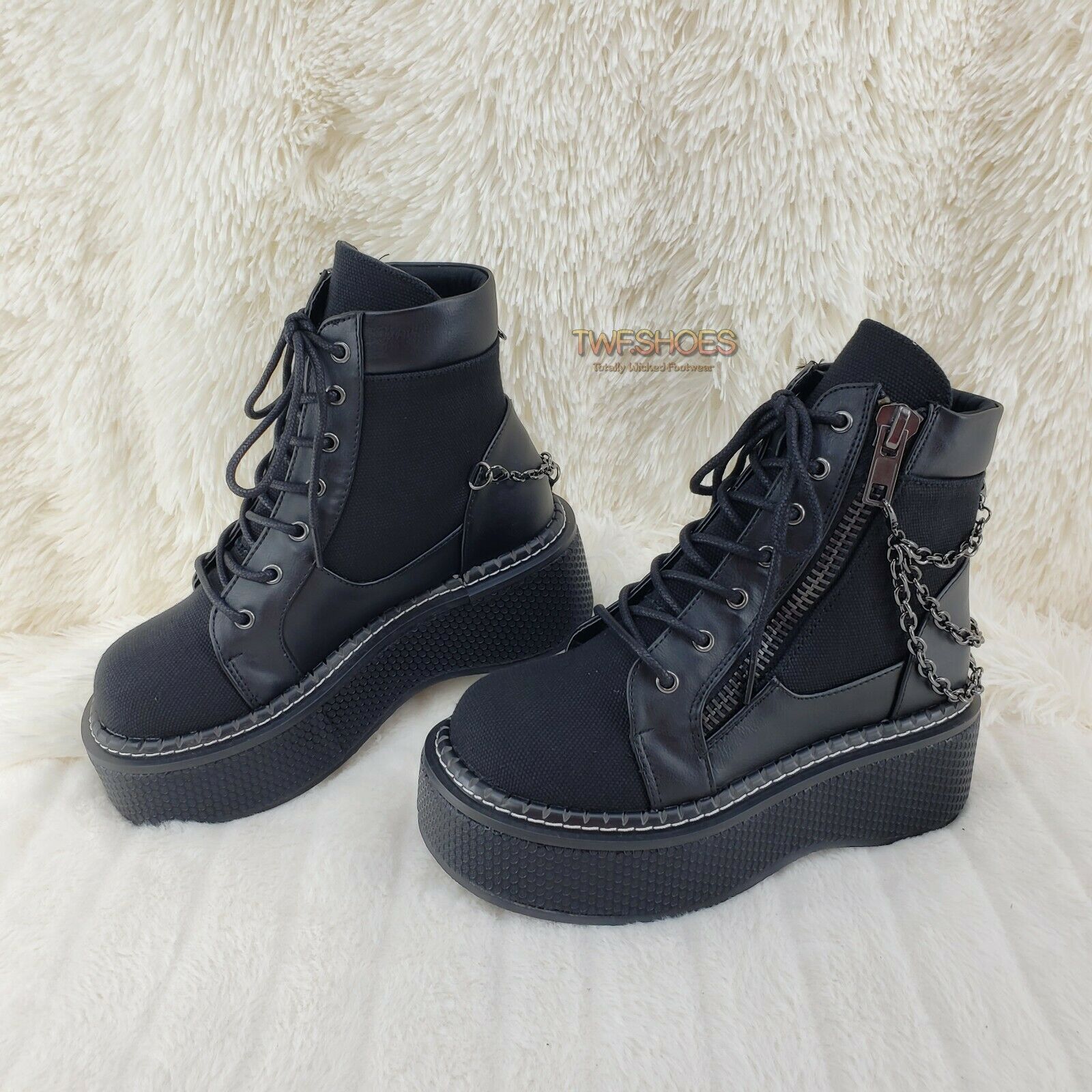 Demonia Emily 114 Black Canvas Chain 2" Platform Punk Goth Ankle Boots NY - Totally Wicked Footwear