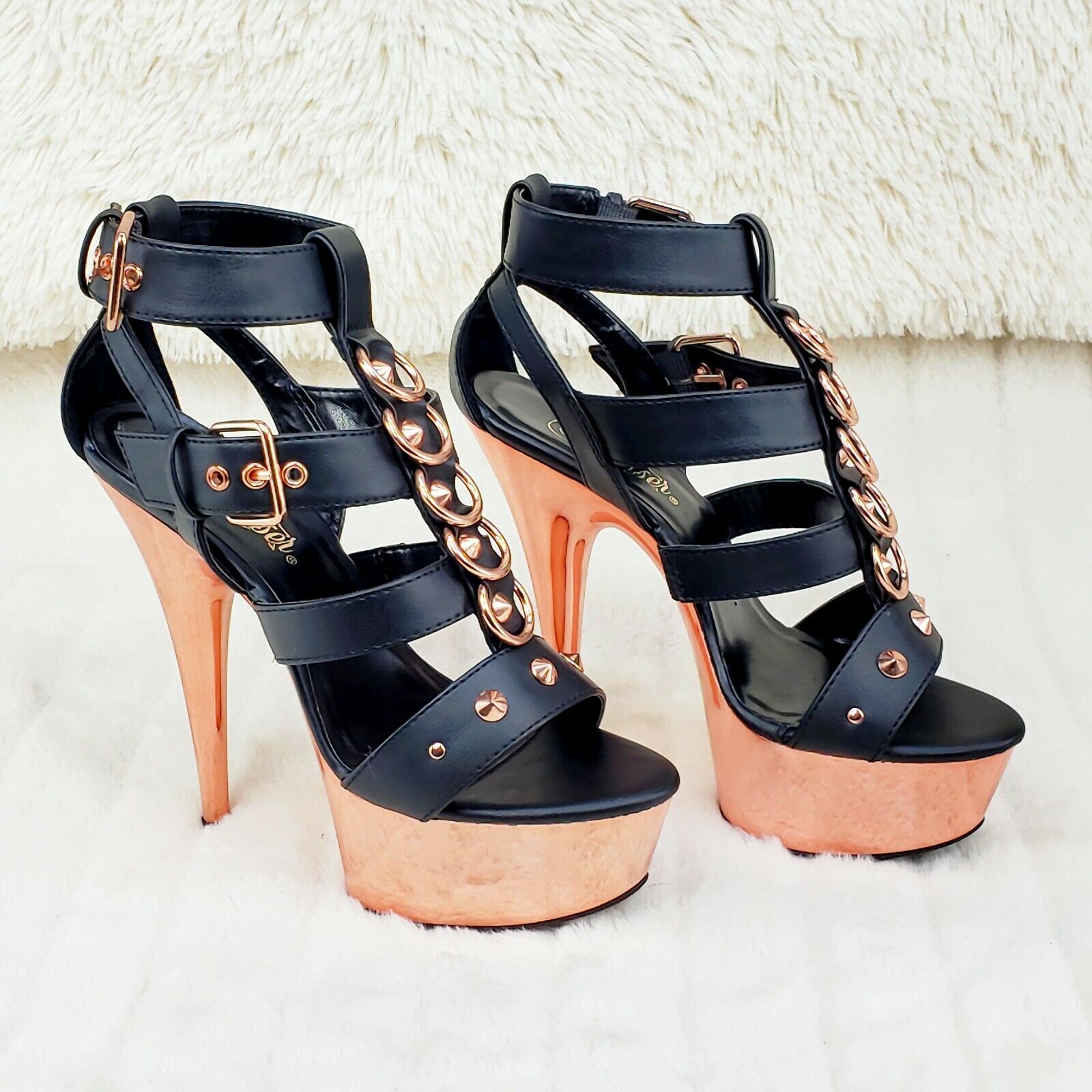 Delight 658 Black Rose Gold Cage Strap 6" High Heel Shoe Bull Ring US Sizes NY - Totally Wicked Footwear