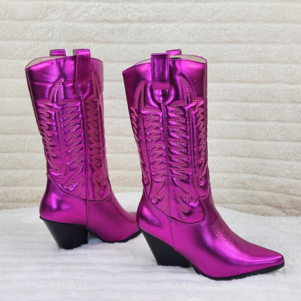 Disco Cowgirl Metallic Hot Pink Cowboy Knee Boots Western Block Heels US Sizes - Totally Wicked Footwear