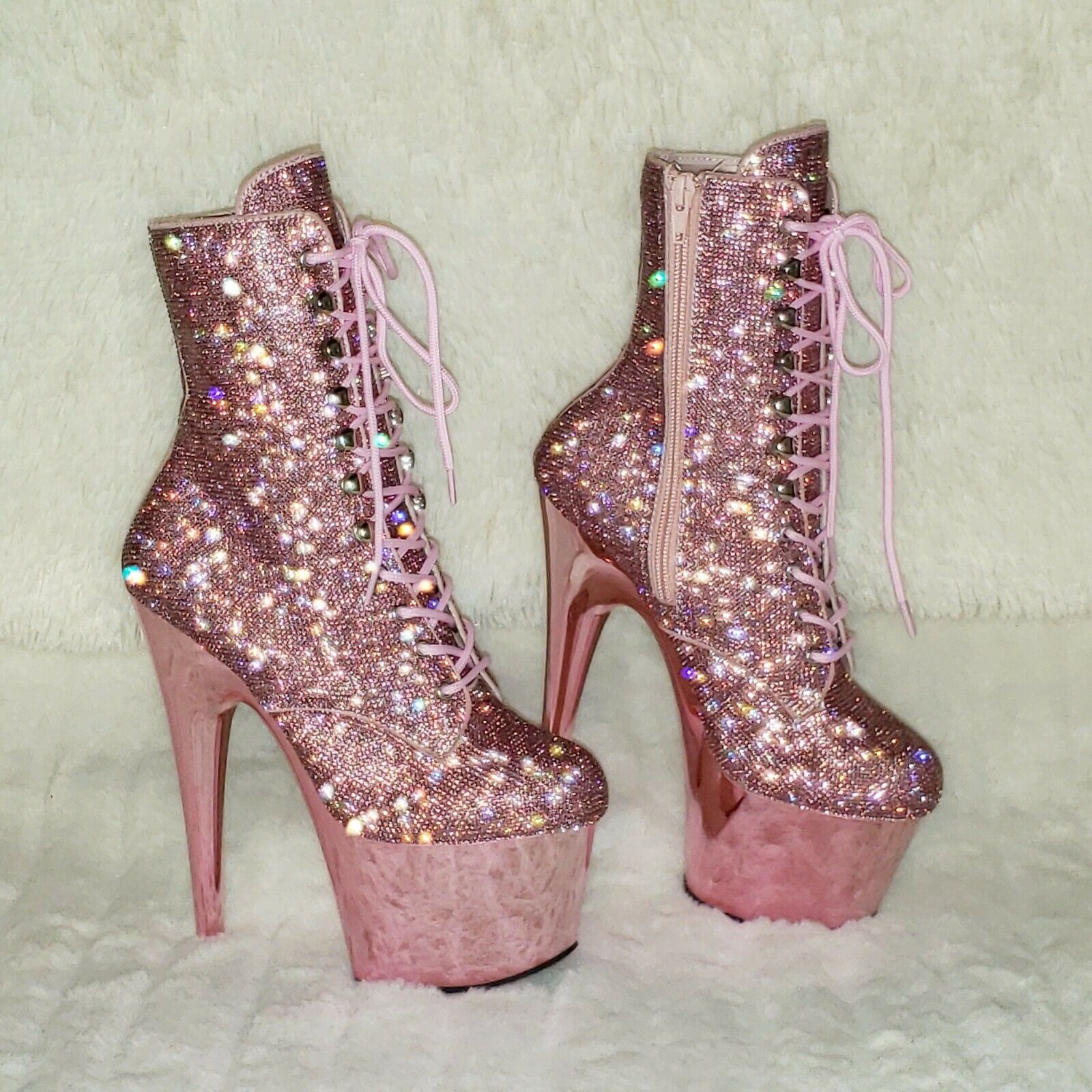 Adore 1020CHRS Bejeweled Lace Up 7" High Heel Chrome Platform Ankle Boots NY - Totally Wicked Footwear