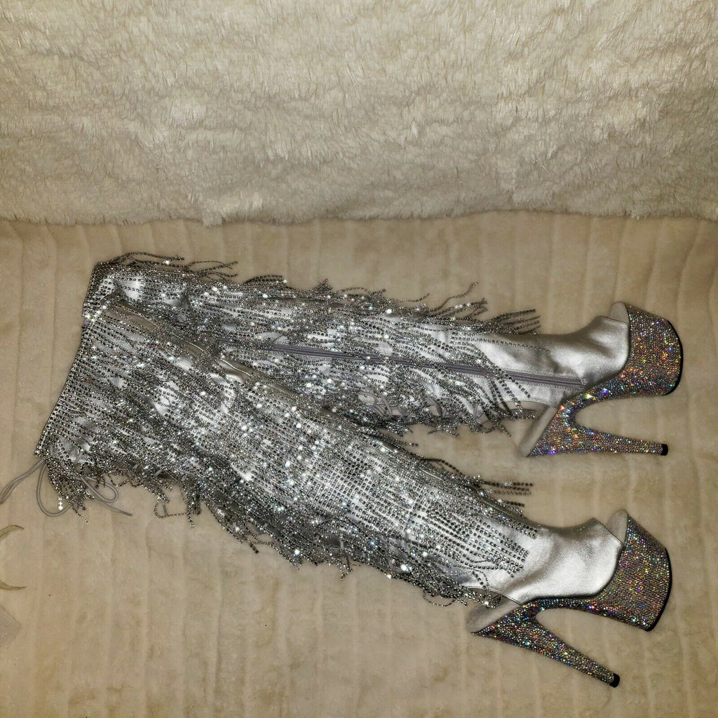 Bejeweled 3019DM Silver Rhinestone Platform 7" High Heel Fringe Thigh Boots NY - Totally Wicked Footwear