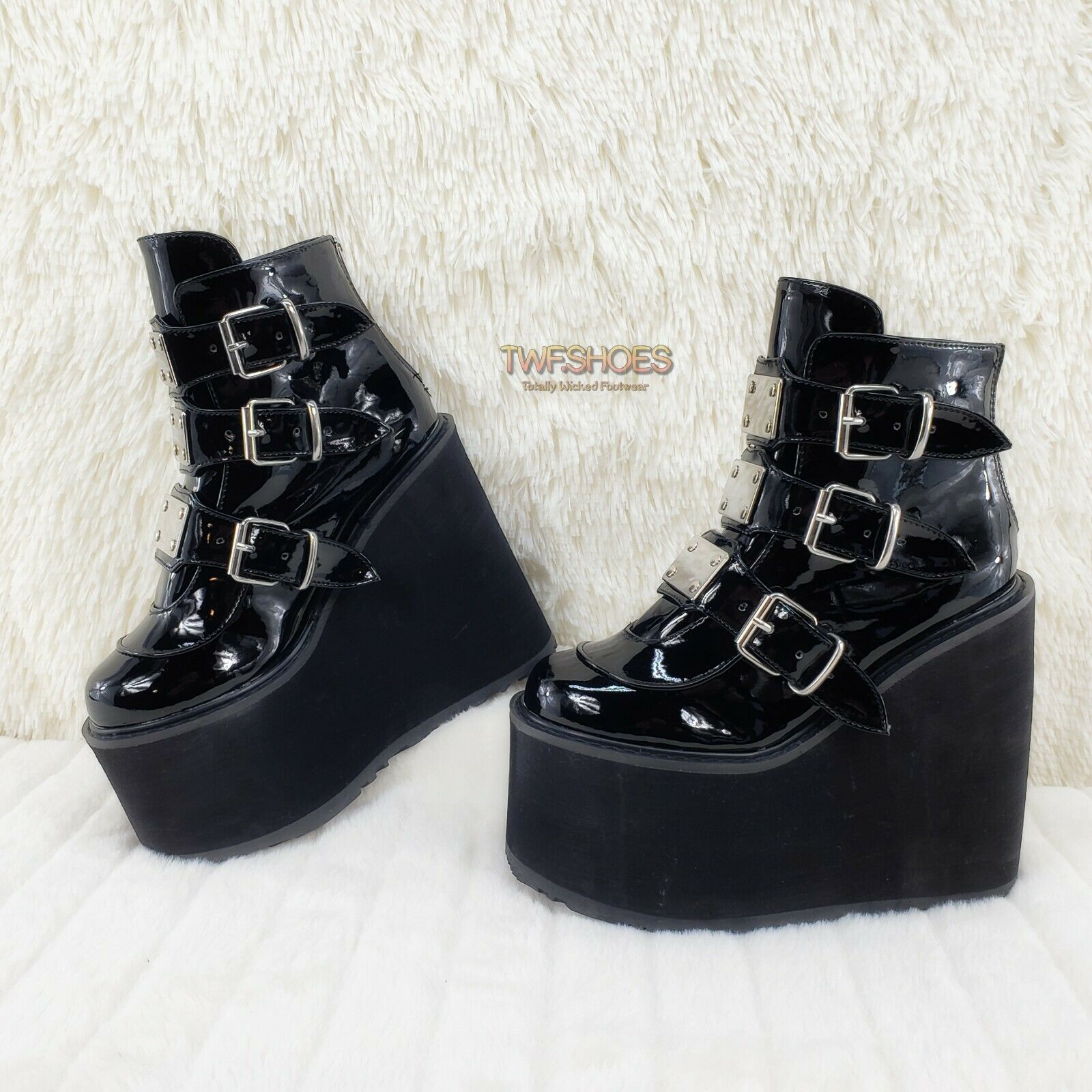 Swing 105 Black Patent Multiple Buckle Ankle Boot 5.5" Platform NY - Totally Wicked Footwear