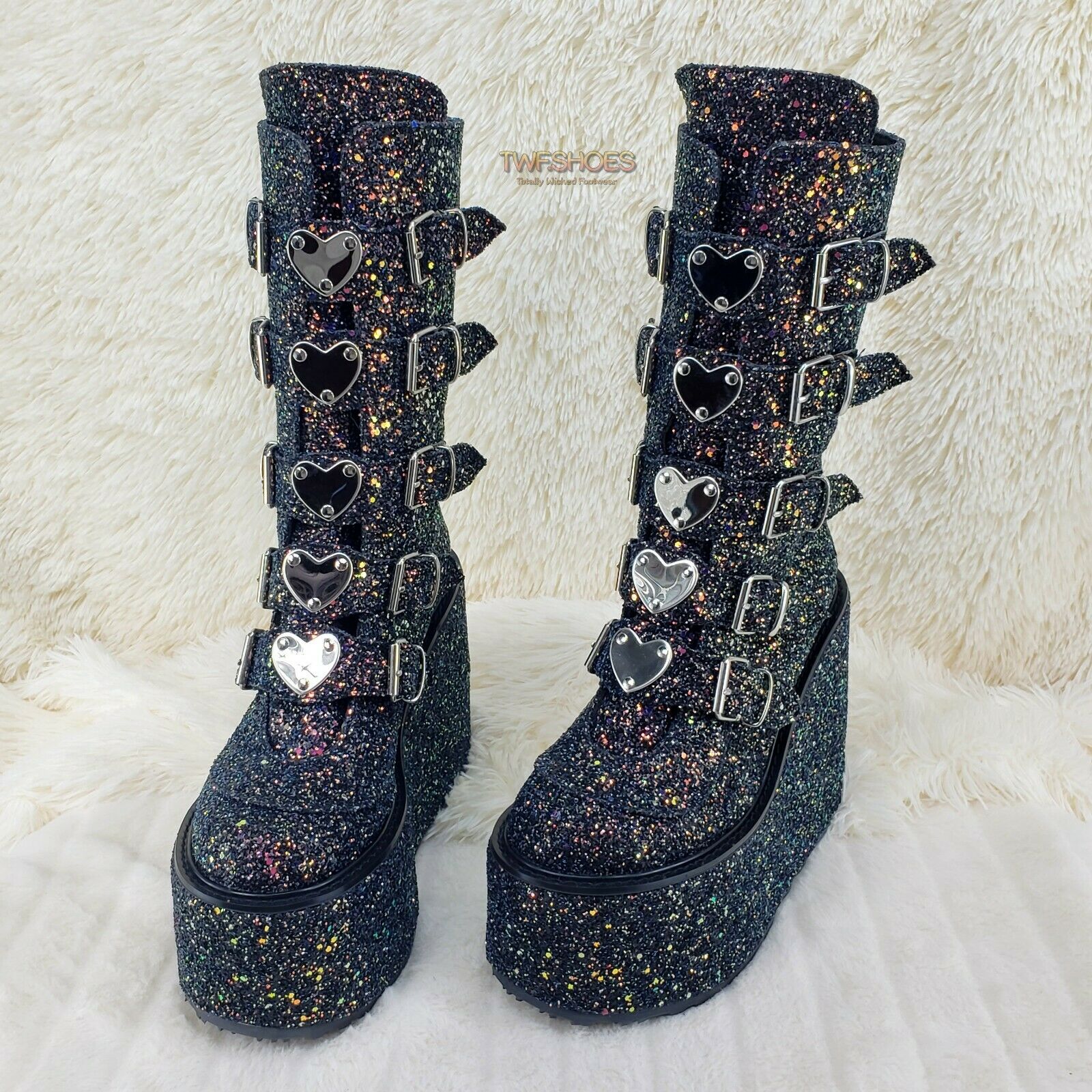 Swing 230G Black Glitter Platform Boots Heart Strap Goth Punk 6-12 Restocked NY - Totally Wicked Footwear