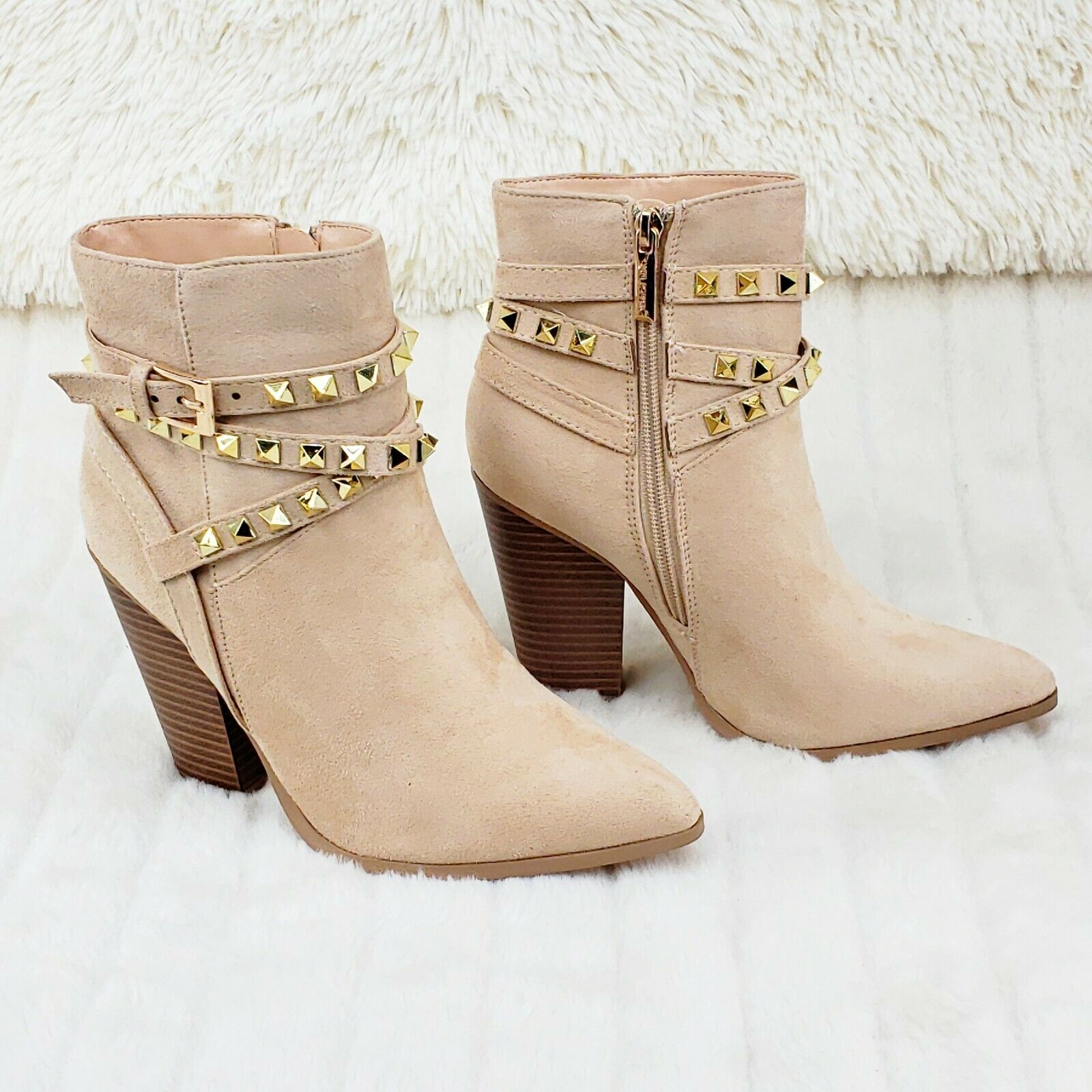 Classic Western Designer Cowboy Style Studded Strap Ankle Boots Nude 6-11 - Totally Wicked Footwear