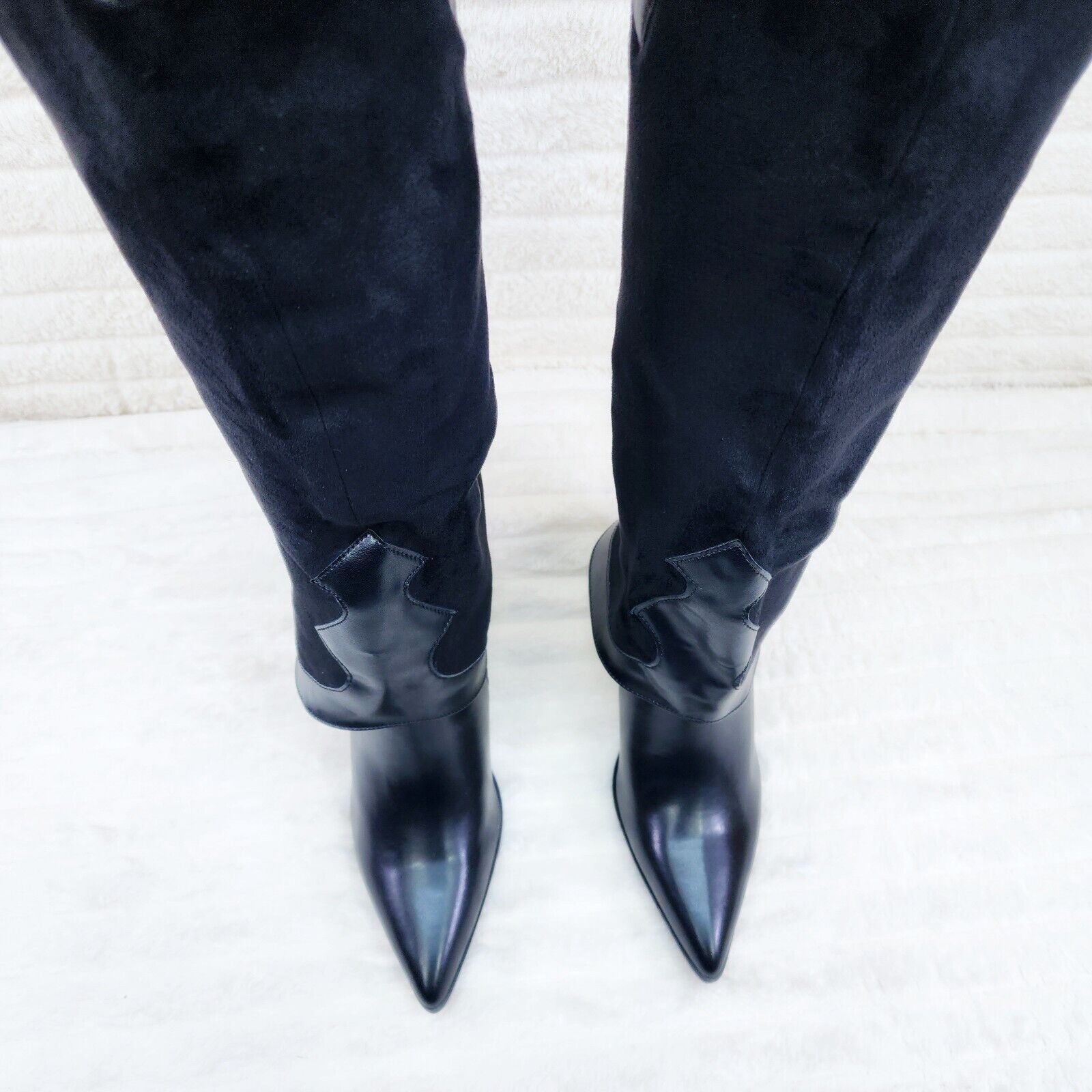 Branded Black Skirted Fold Over Western Knee High Cowgirl Boots - Totally Wicked Footwear
