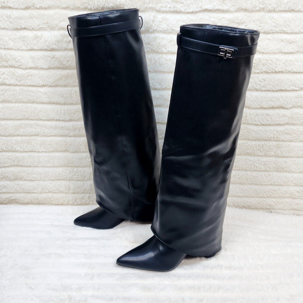 Paris Black Skirted Fold Over 3.5" Block Heel Knee High Boots - Totally Wicked Footwear