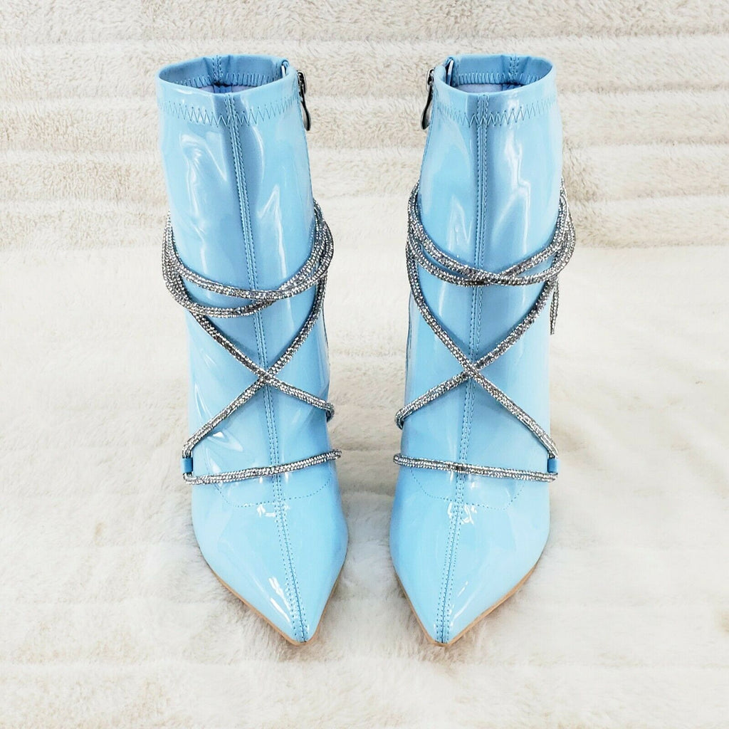Destiny Baby Blue Stretch Patent Cable Rhinestone Strap High Heel Ankle Boots - Totally Wicked Footwear