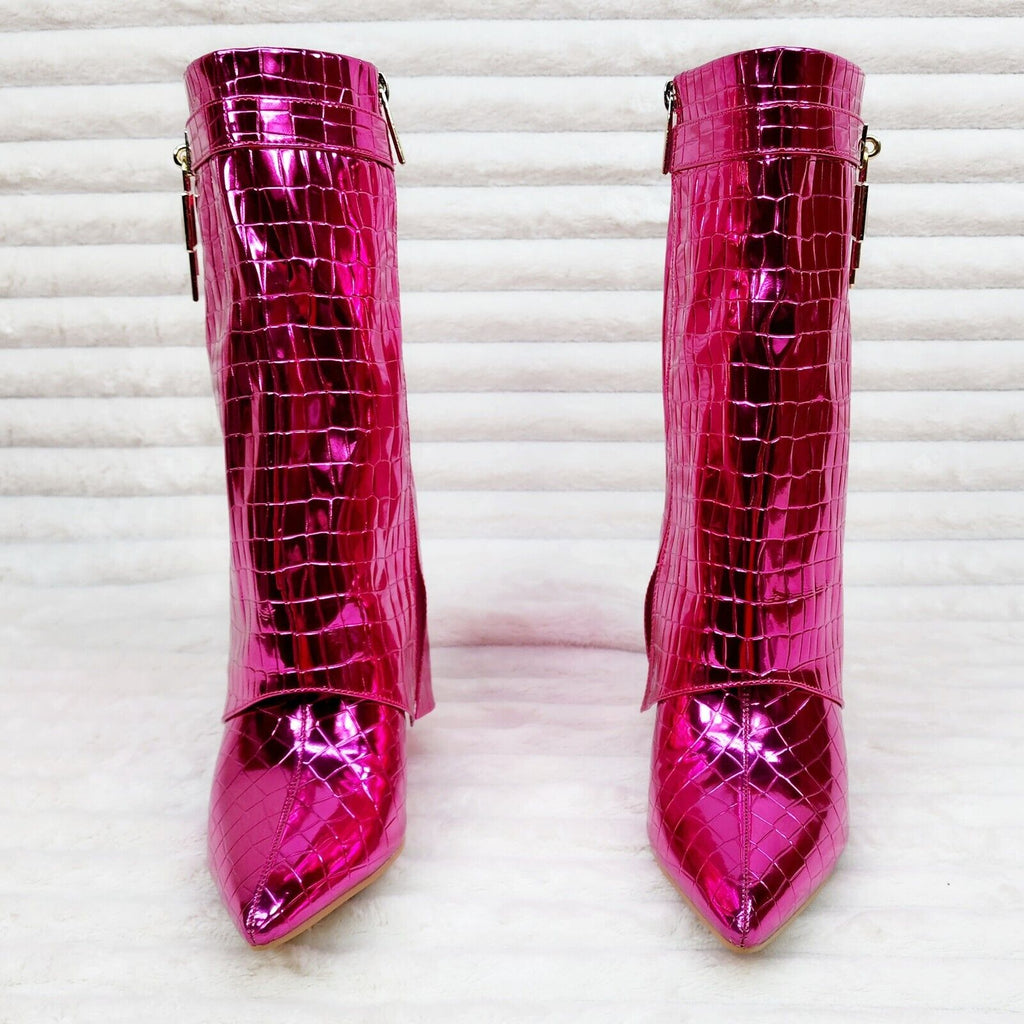 Vision Hot Pink Metallic Wedge Heel Fold Over Skirted Ankle Boots - Totally Wicked Footwear