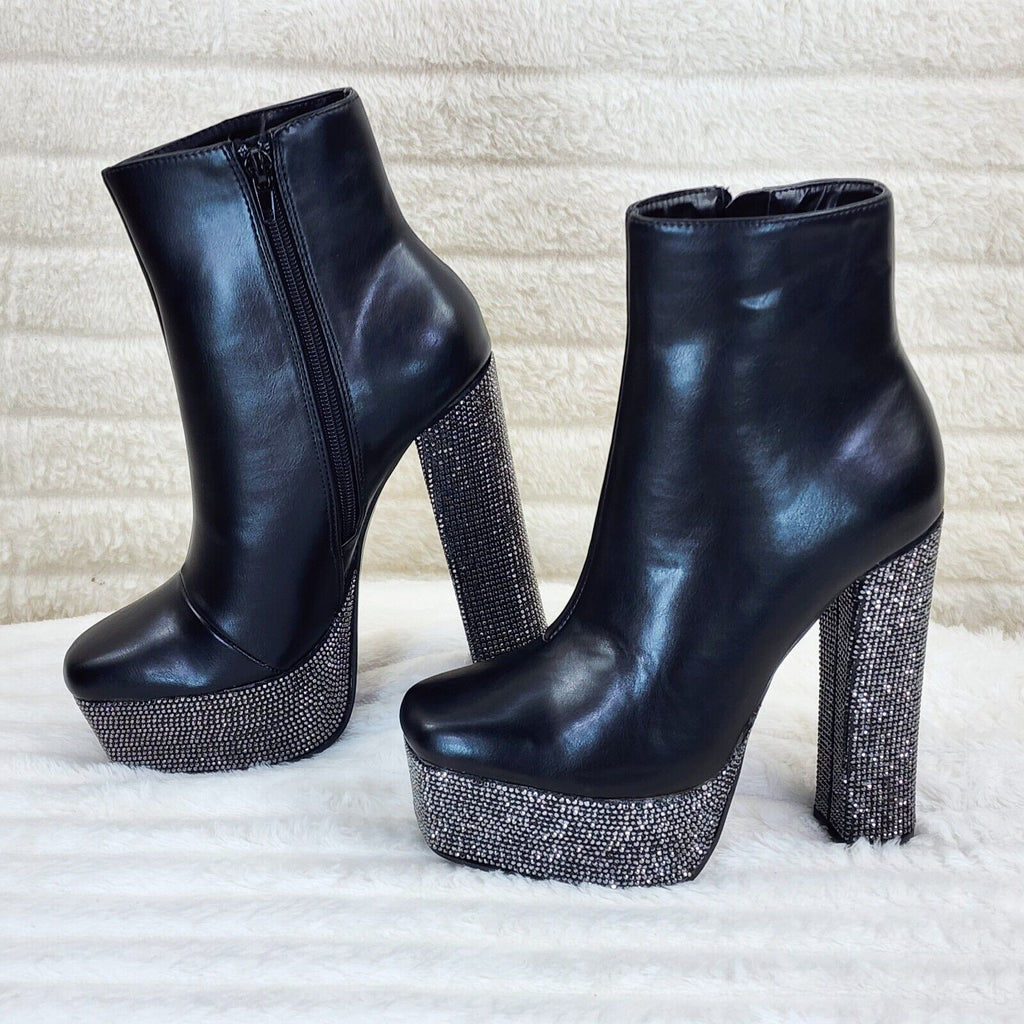 Nikki BLack Leatherette Rhinestone Platform Chunky Heel Ankle Boots - Totally Wicked Footwear