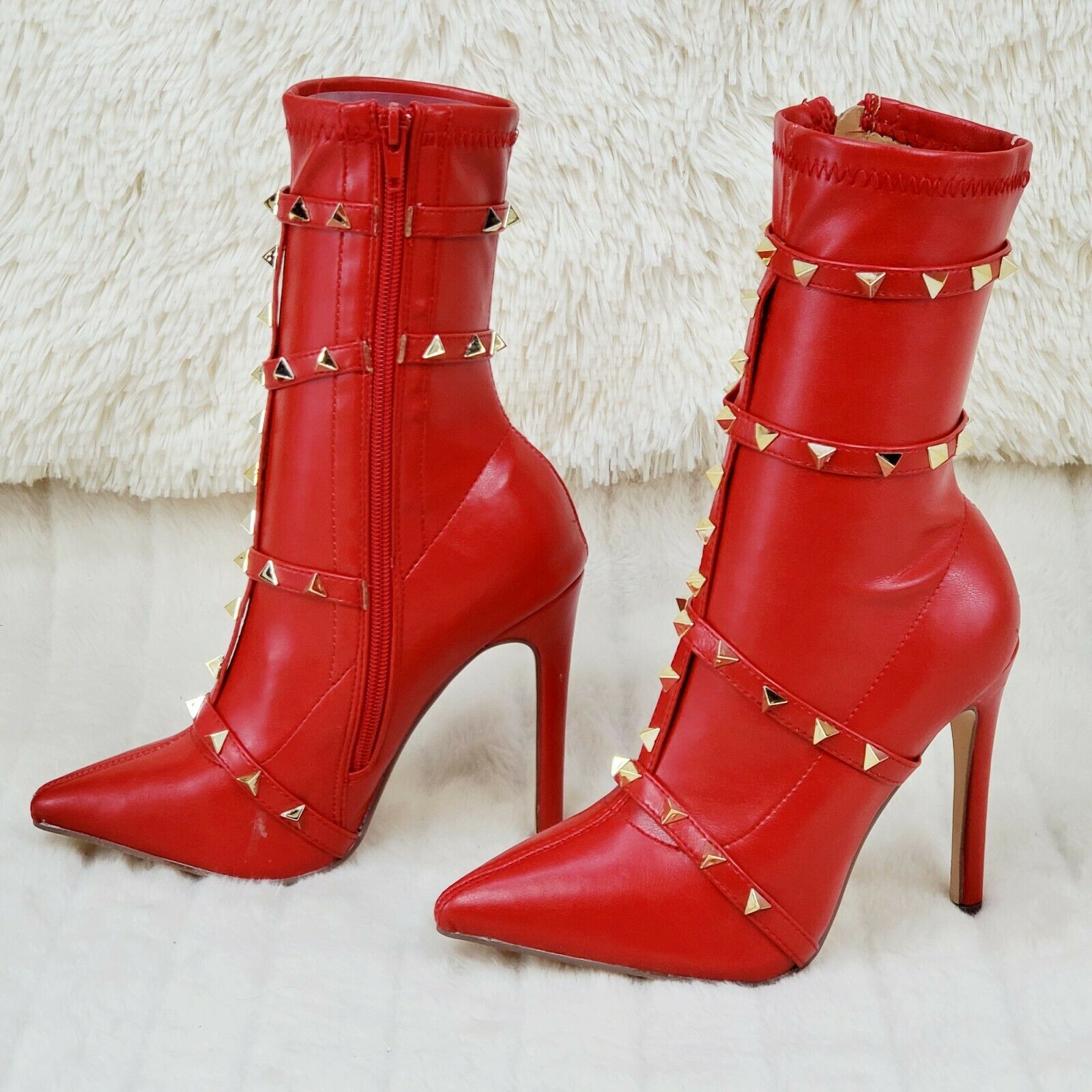 Mark Pyramid Stud Strap High Heel Pointy Toe Stretch Ankle Boots Red - Totally Wicked Footwear