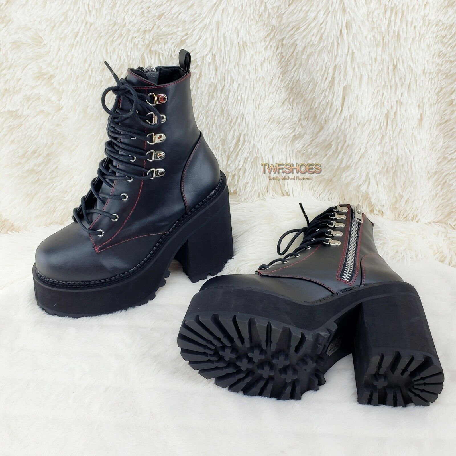 Assault 100 Gothic Punk Heel Cleat Platform Red Stitch Ankle Boot NY - Totally Wicked Footwear