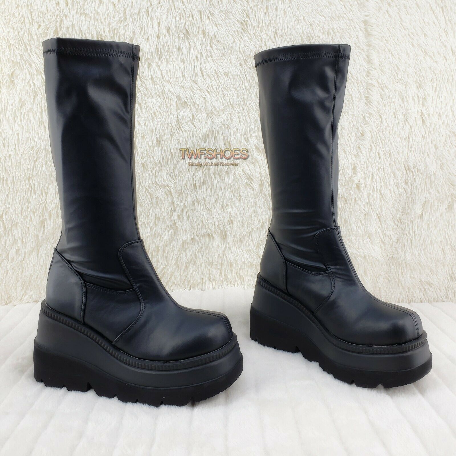 Demonia Shaker 65 Black Matte Platform 4.5" Wedge Heel Knee Boots NY - Totally Wicked Footwear