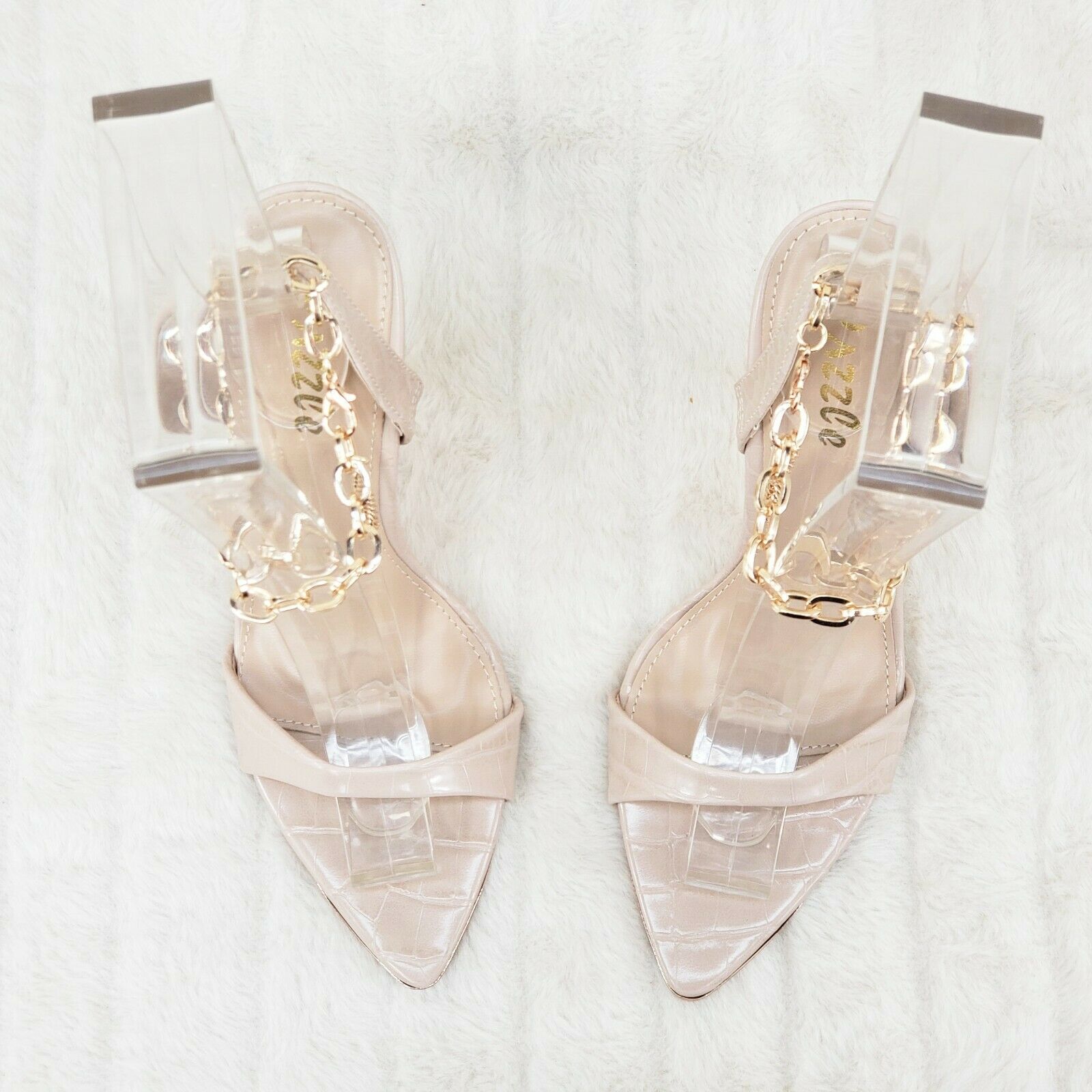 Nicely Pad Lock Chain Strap High Heels Metal Toe Tip Shoes Nude - Totally Wicked Footwear