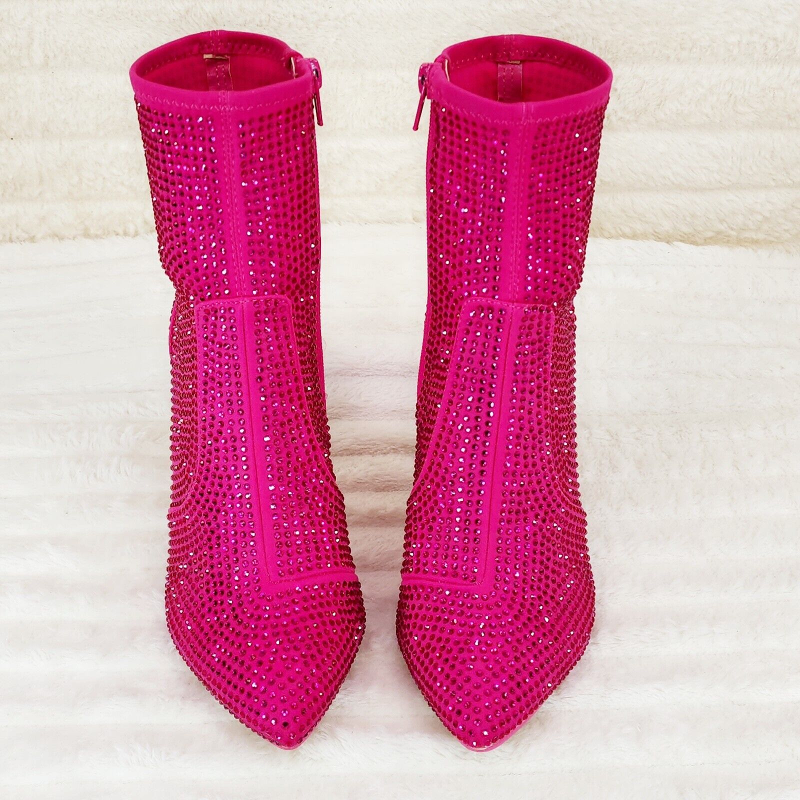 Stunning Fuchsia Hot Pink Stretch Rhinestone Ankle Boots 3.5" Heels - Totally Wicked Footwear