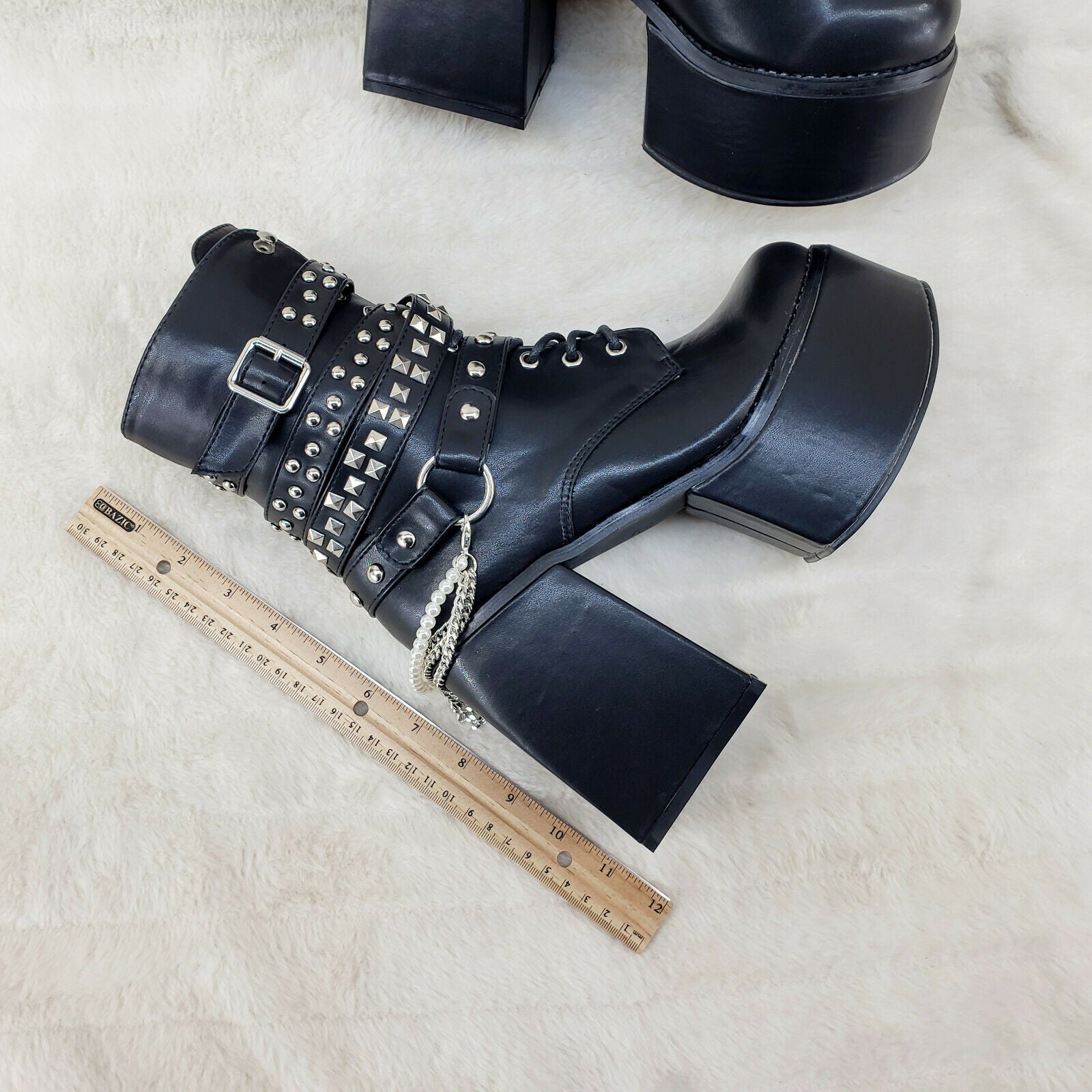 Ocho Black Ice Multipile Strap Platform Chunky Block Heel Ankle Boots - Totally Wicked Footwear