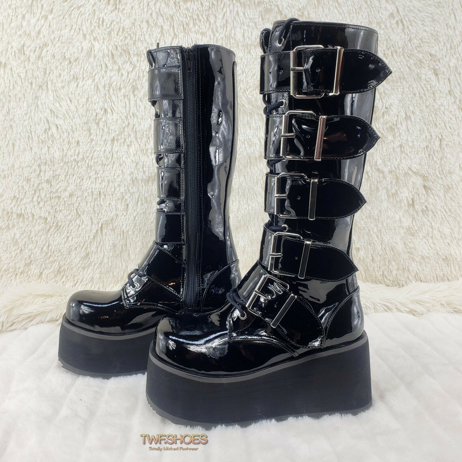 Trashville 518 Goth Punk Knee Boots Black Patent Mens US Sizes - Totally Wicked Footwear