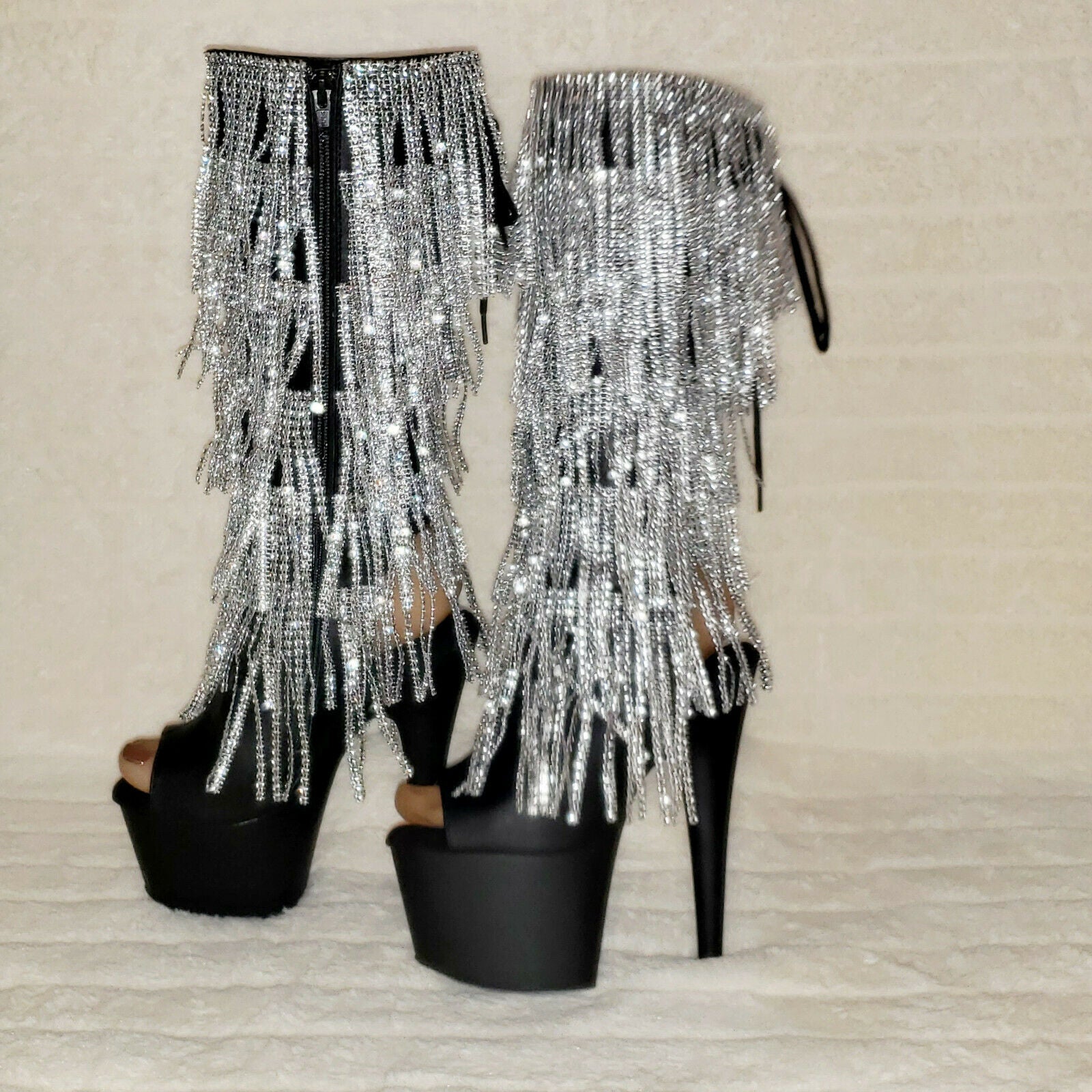 Adore 2024 Silver Fringe Black Platform 7" High Heel Fringe Knee Boots NY - Totally Wicked Footwear