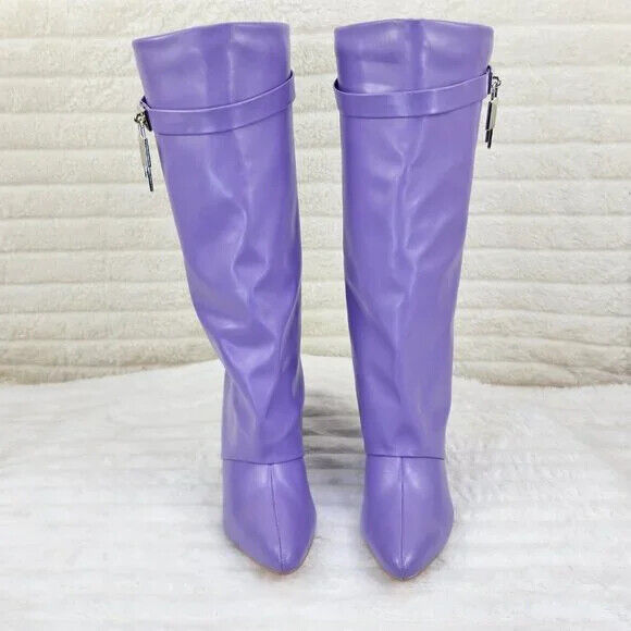 Fold Over Skirted Knee Boots 3" Wedge Heel Pull On Half Zipper Lilac Purple - Totally Wicked Footwear
