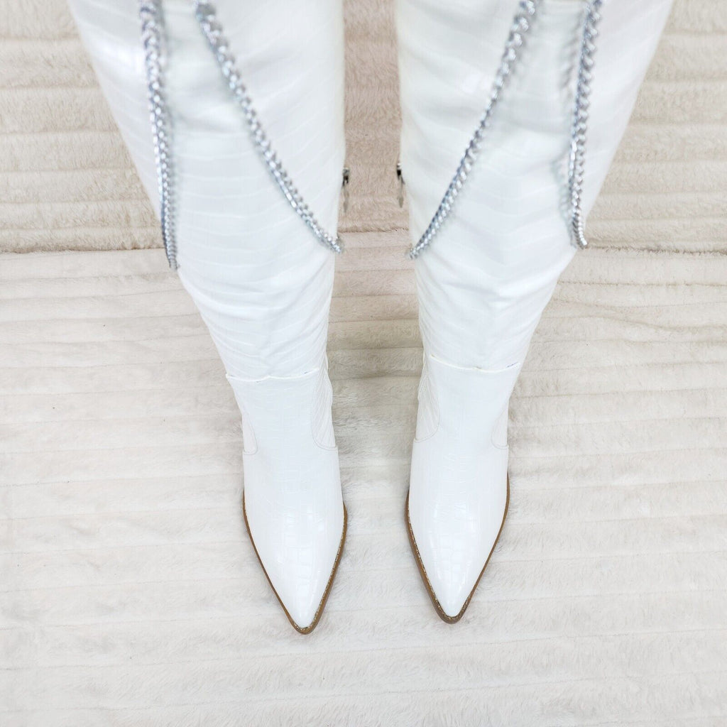 Dallas White Snake Texture Western Knee High Draped Chain Cowgirl Boots - Totally Wicked Footwear
