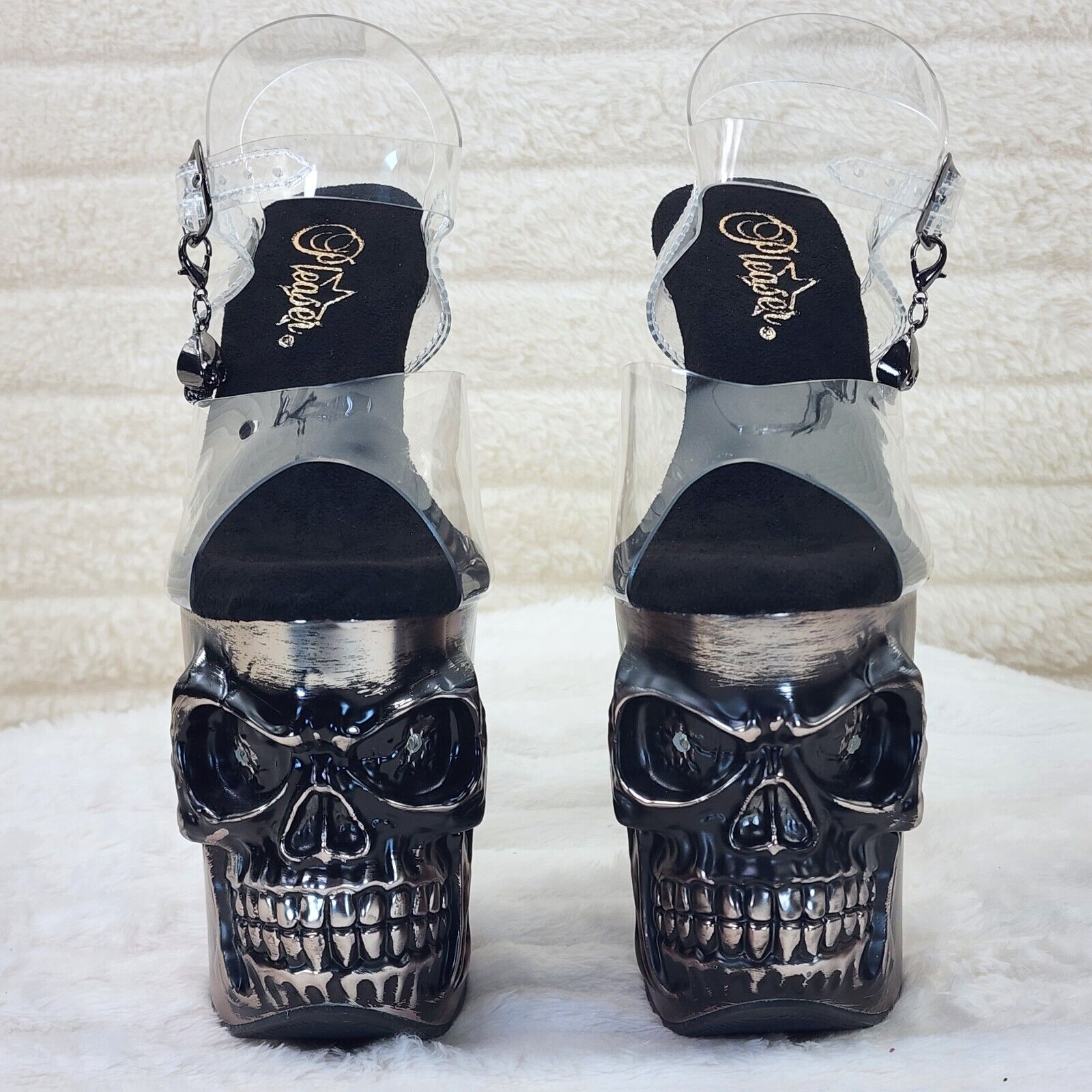 Rapture Clear Pewter Skull & Bones LED 8" High Heel Platform Shoes 5-10 NY - Totally Wicked Footwear