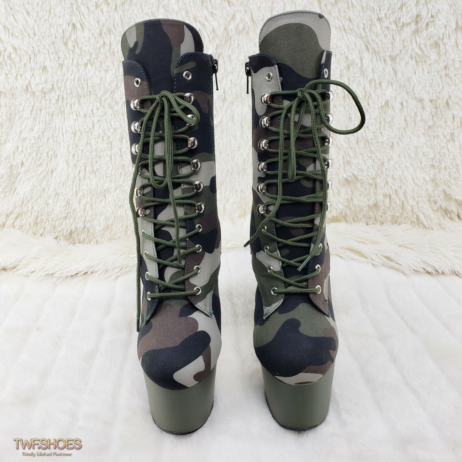 Adore 1020 Green Camo Olive Platform 7" High Heel Lace Up Ankle Boots 7 - 12 NY - Totally Wicked Footwear