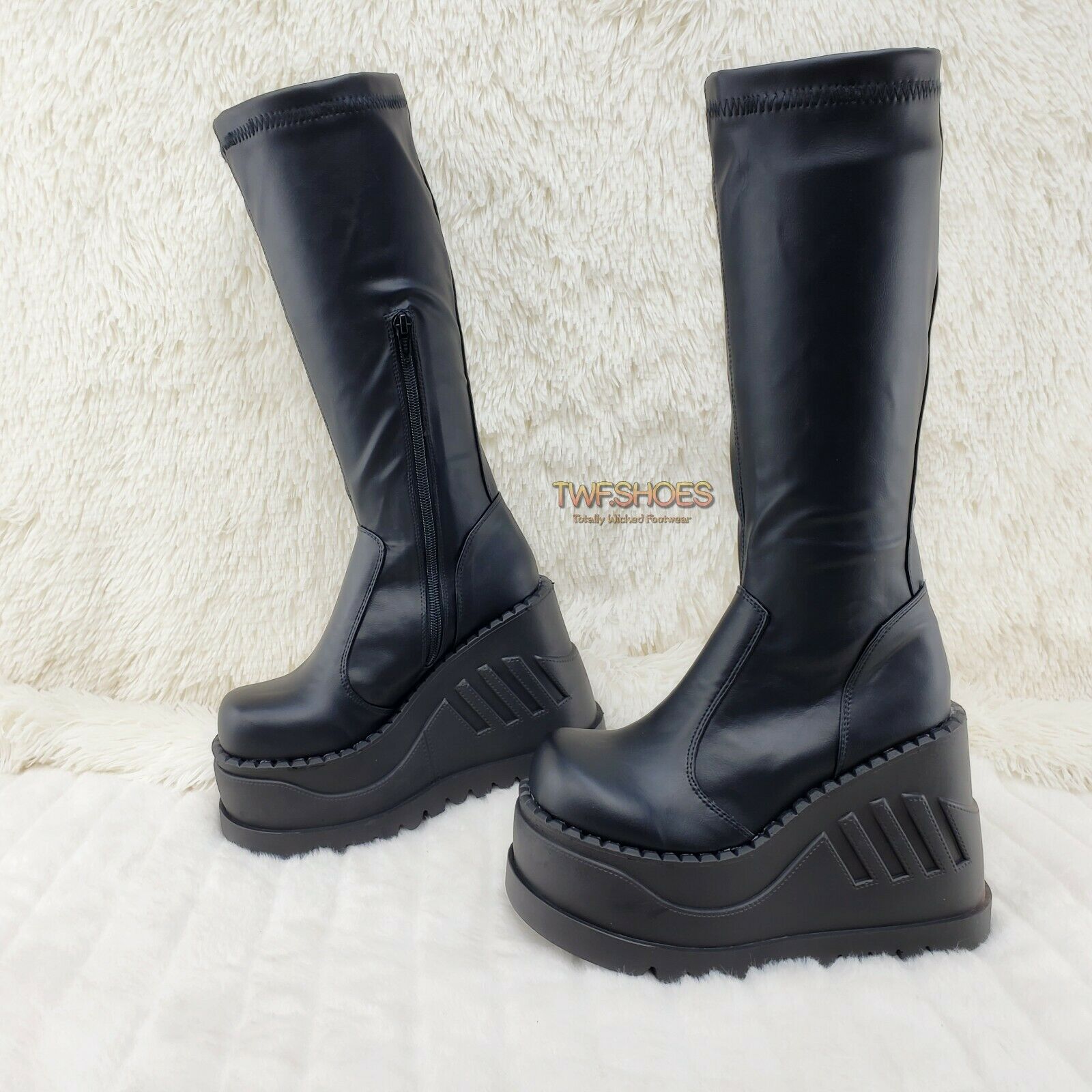 Demonia Stomp 200 Black Matte Platform Wedge Heel Knee Boots NY - Totally Wicked Footwear