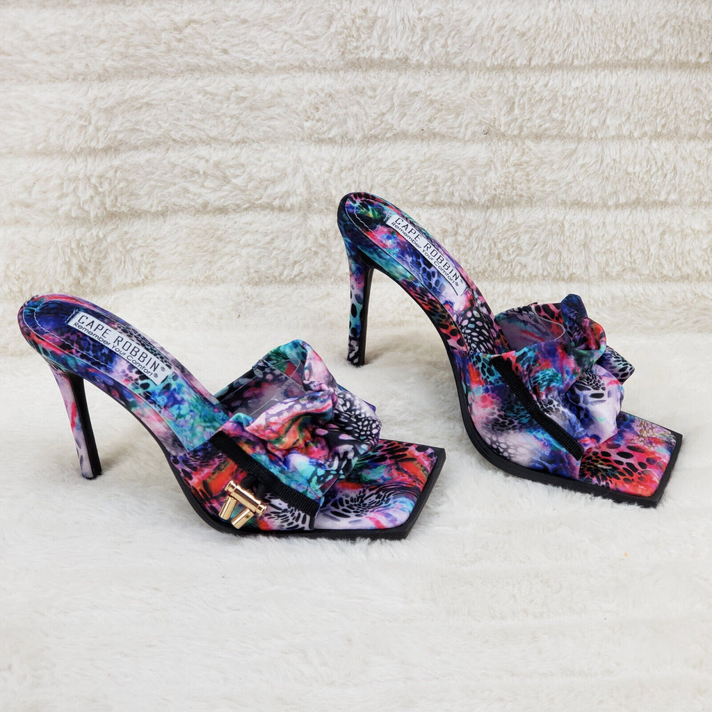 iliana Slip On Sqaure Open Toe High Heel Clogs Mules Slides Multi Color Print - Totally Wicked Footwear