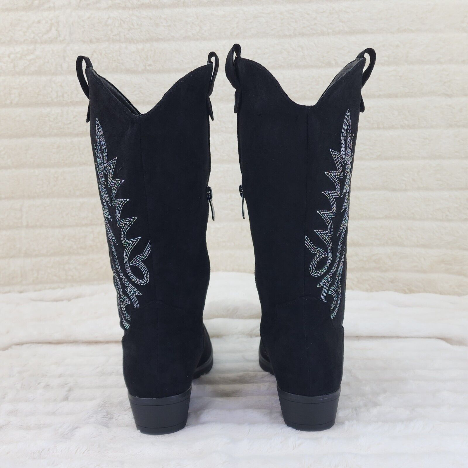 Bella Western Mid-calf Cowboy Cowgirl Boots Tan Low 1.5" Heels Black Faux Suede - Totally Wicked Footwear