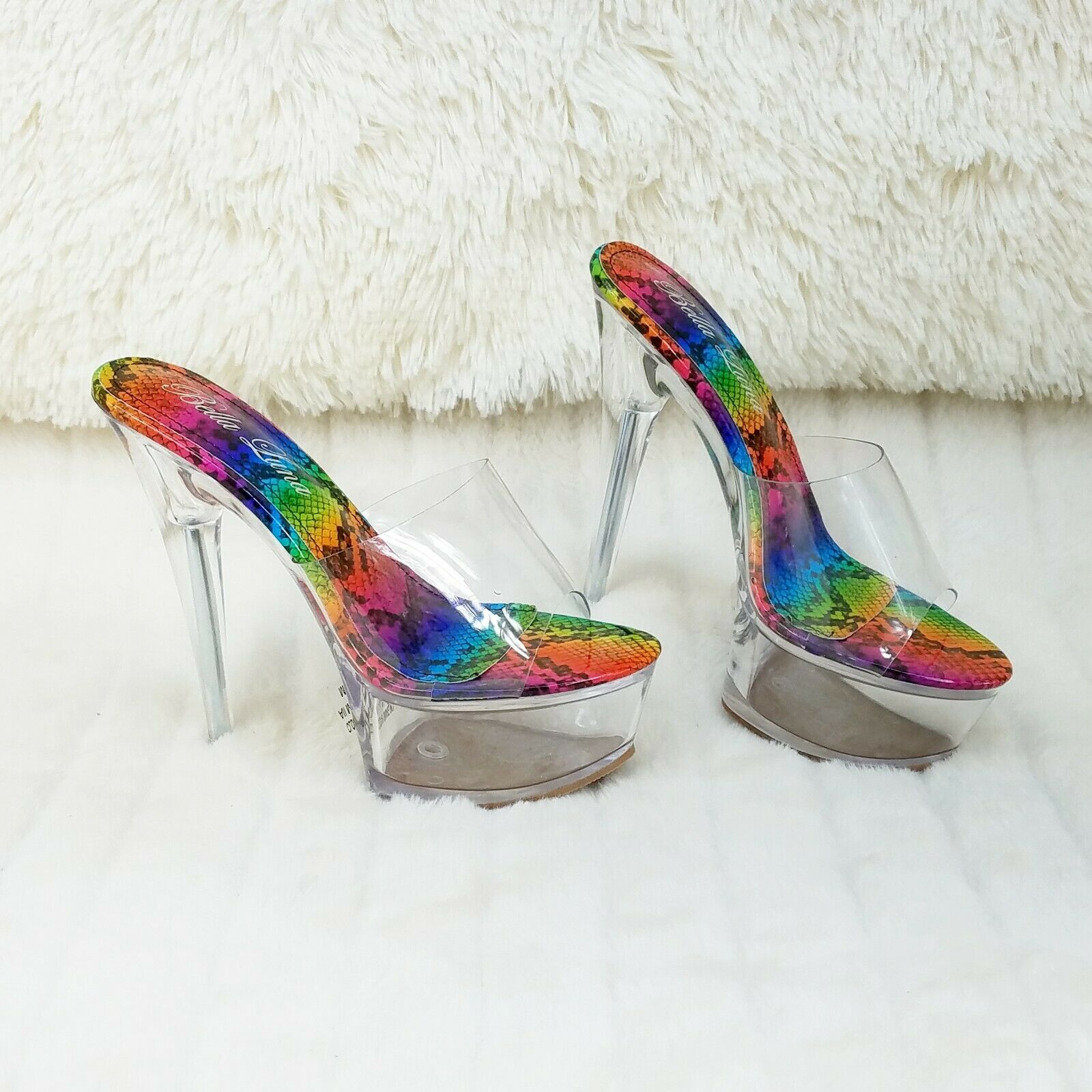Cloud Clear Platform 6" High Heels Rainbow Snake Foot-bed Slip On Mule - Totally Wicked Footwear