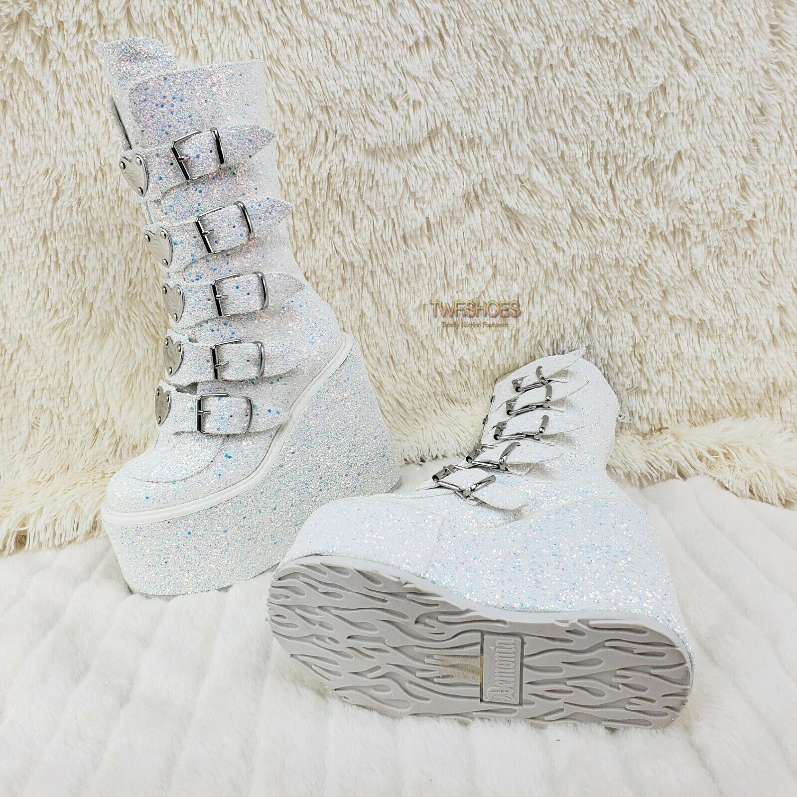 Swing 230G White Multi Glitter Mid Calf Boot 5.5" Platform Heart Strap 6-12 NY - Totally Wicked Footwear