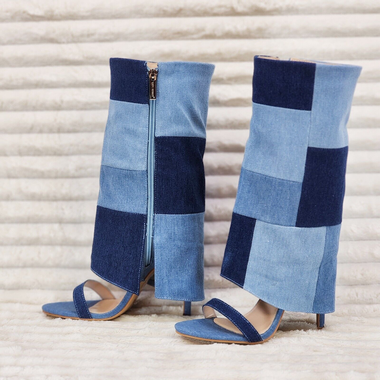 Paris Denim Patchwork Stiletto Fold Over Skirted Shootie Boot Sandals - Totally Wicked Footwear